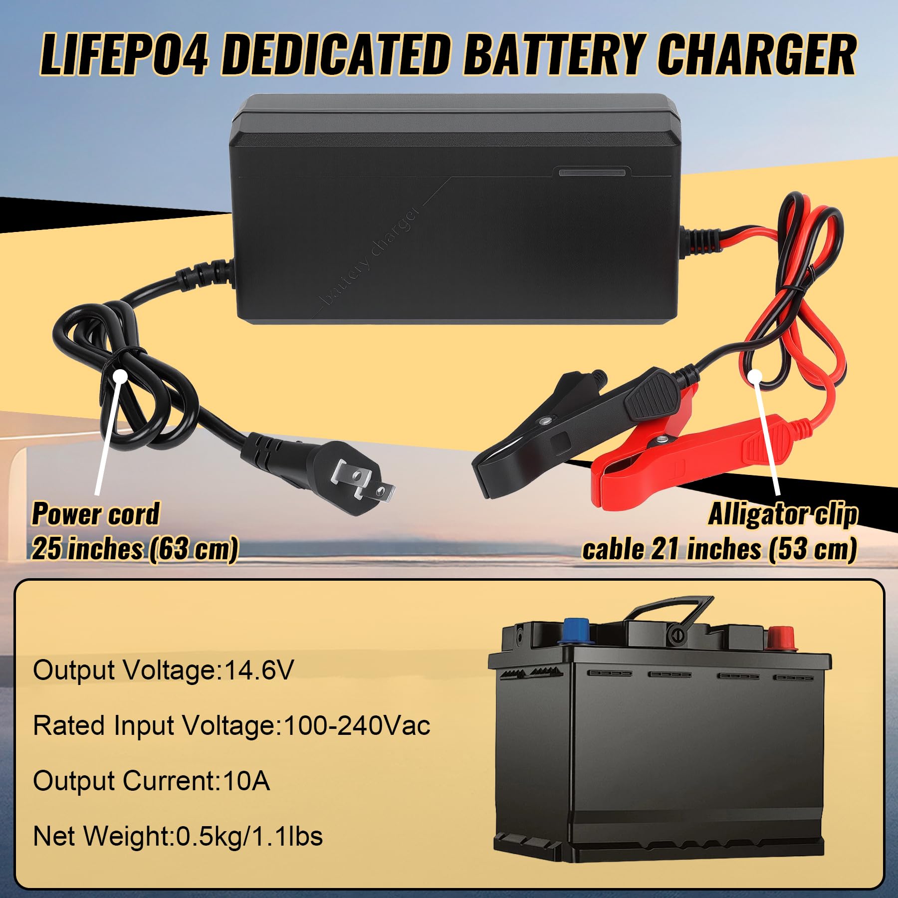 14.6V 10A LiFePO4 Battery Charger for 12V Lithium Iron Phosphate Batteries – Fast Charging, High Efficiency, LED Indicator, Durable Design with Overheat Protection