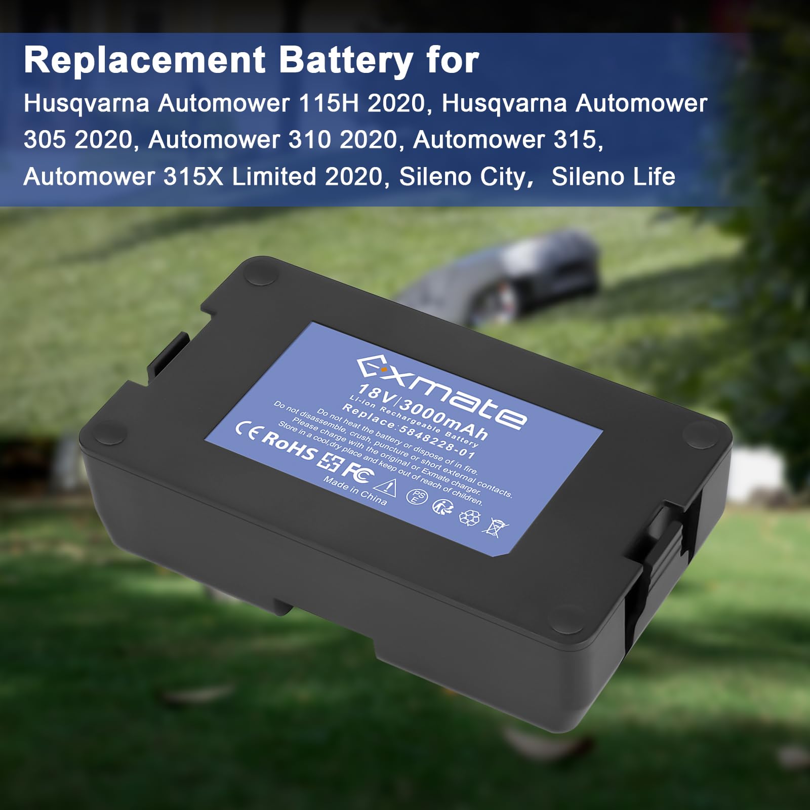Exmate 18V 3000mAh Ersatz Akku für Gardena Sileno Minimo 250, Gardena Sileno City/Life, Husqvarna Automower 115H/305/310/315/315X (2020) Mähroboter Rasenmäher Akku