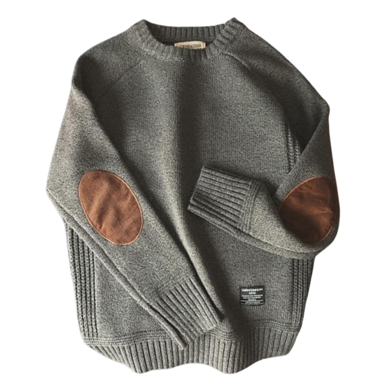 PNZLZIA Mens Sweater with Elbow Patches, Men's Crew Neck Vintage Knitted Sweaters, Elbow Patch Thick Jumper Tops (Gray,5XL)