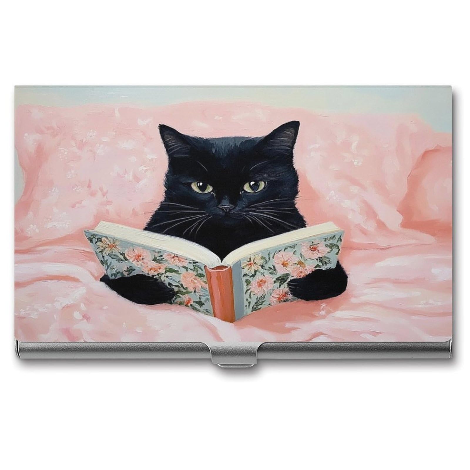 DuduYH Black Cat Reading on Bed Business Card Holder Pocket Slim Portable Metal Business Card Case