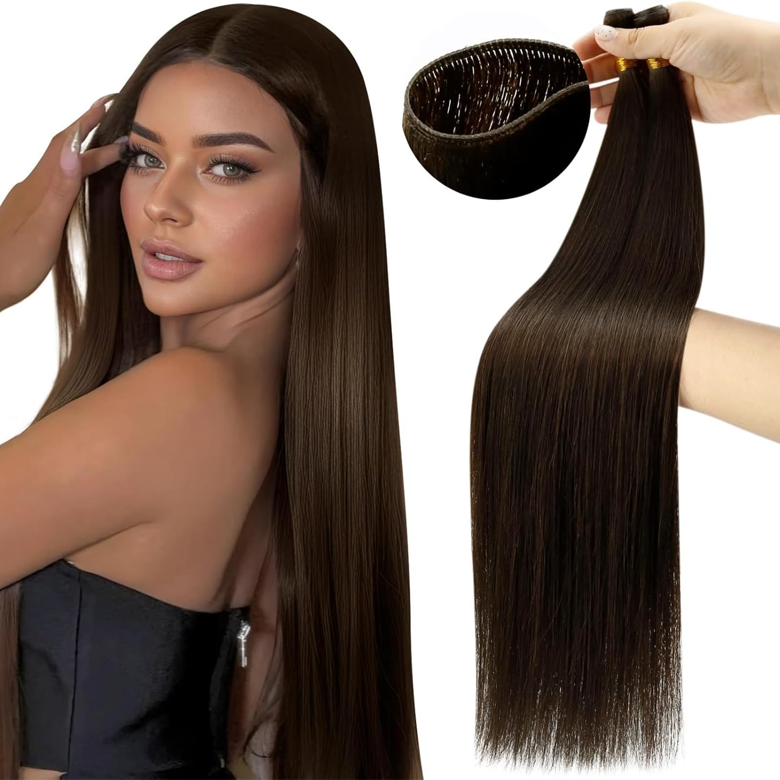 Moresoo Medium Brown Sew in Hair Extensions 16 inch Genius Weft Hair Extensions Seamless Hand Tied Weft Human Hair 50 Grams for Women