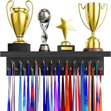 Medal Holder Display Trophy Shelf Organizer, Sturdy Wooden Race Award Hanger Rack with 25 Steel Hooks, Wall Mount Storage Stand for Sports Fans, Cheer Success, Easy to Install