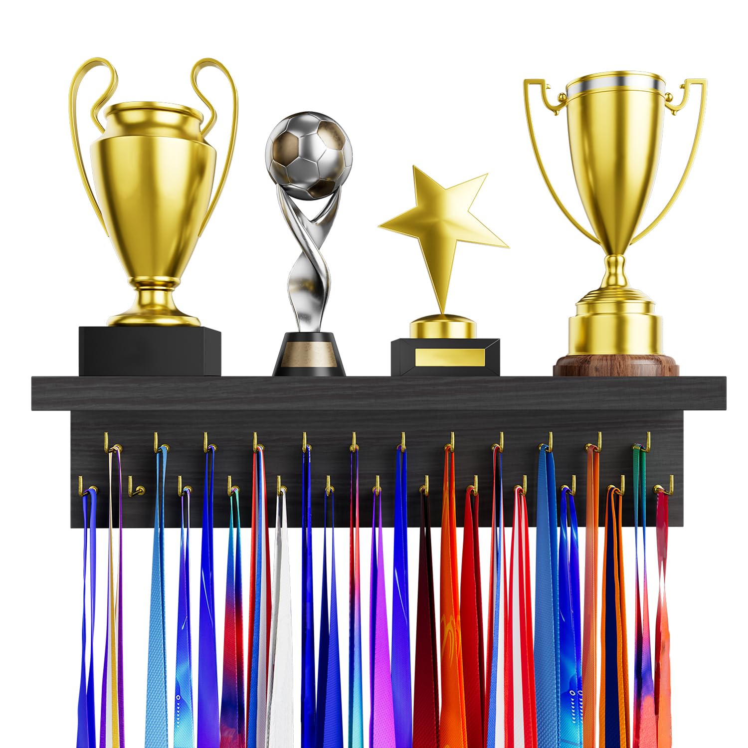 Medal Holder Display Trophy Shelf Organizer, Sturdy Wooden Race Award Hanger Rack with 25 Steel Hooks, Wall Mount Storage Stand for Sports Fans, Cheer Success