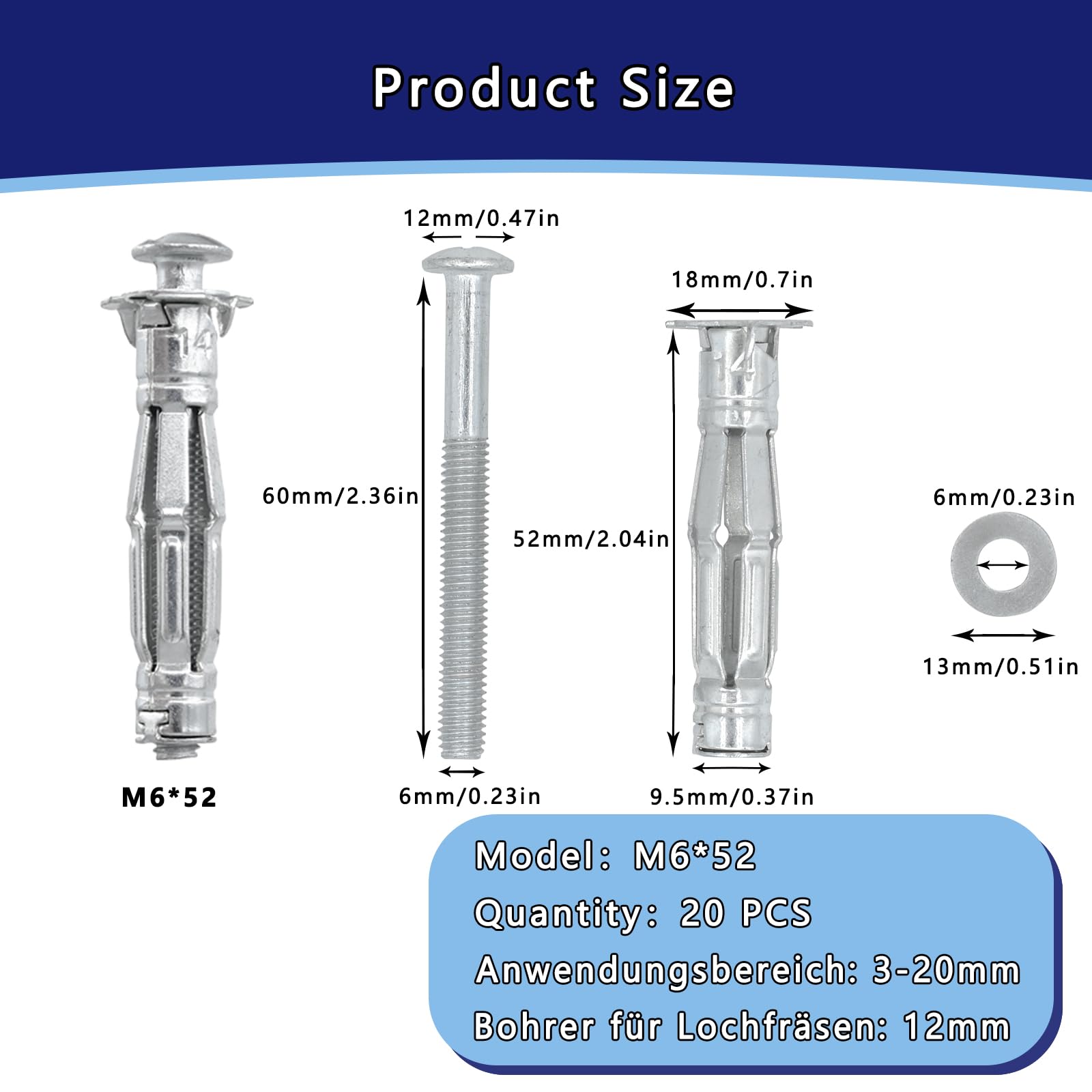 DAIRYCOF M6×52 Hollow Wall Anchors 30Pcs Plasterboard fixings,Heavy Duty Metal Hollow Wall Anchors for Plasterboard Tiles & Partitions - Image 2