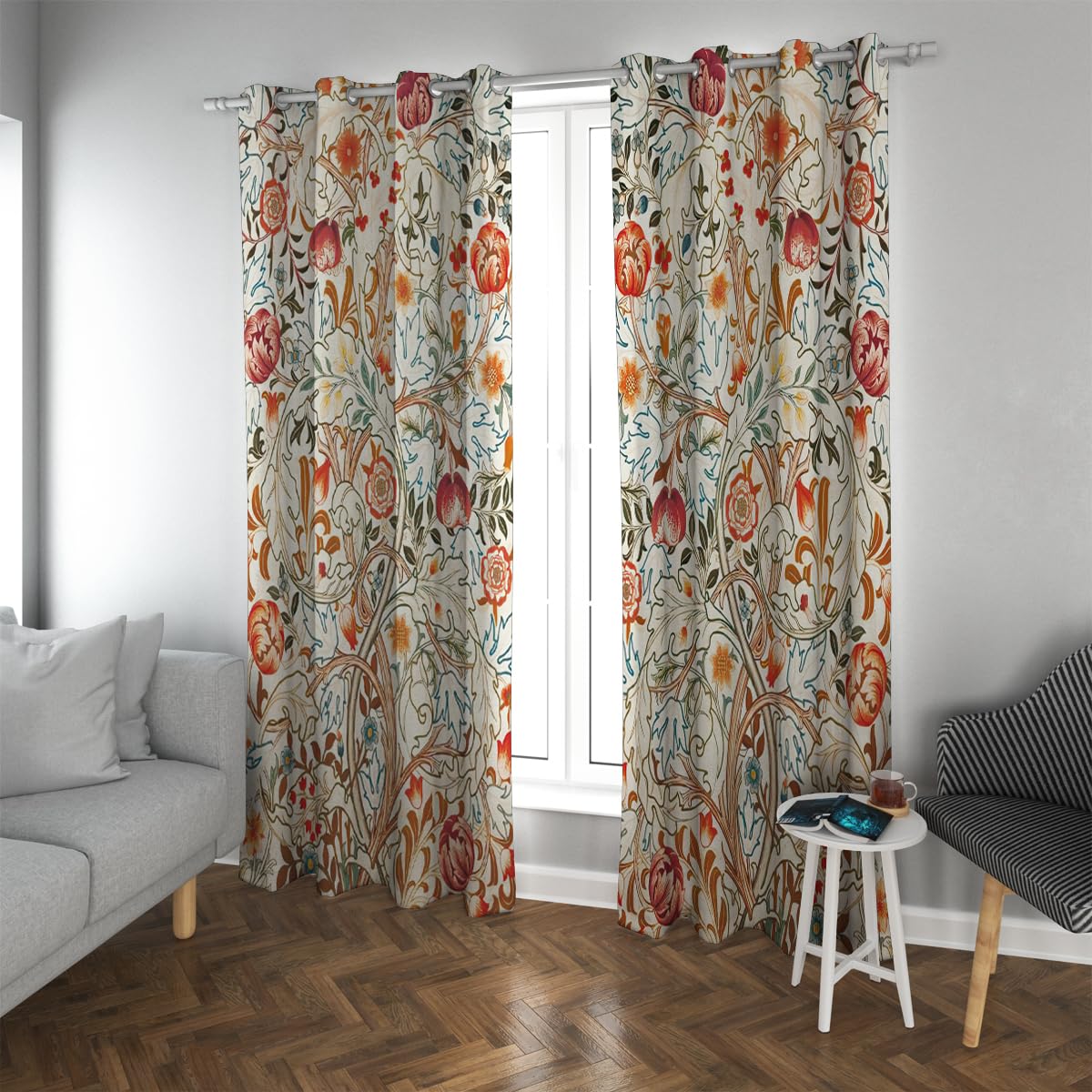 Boho kwiatowe zasłony zaciemniające francuski kraj czerwone pomarańczowe kwiaty wzór z przelotkami zasłony okienne do salonu sypialni zestaw 2 paneli 2 x szer. 220 x dł. 90 cm