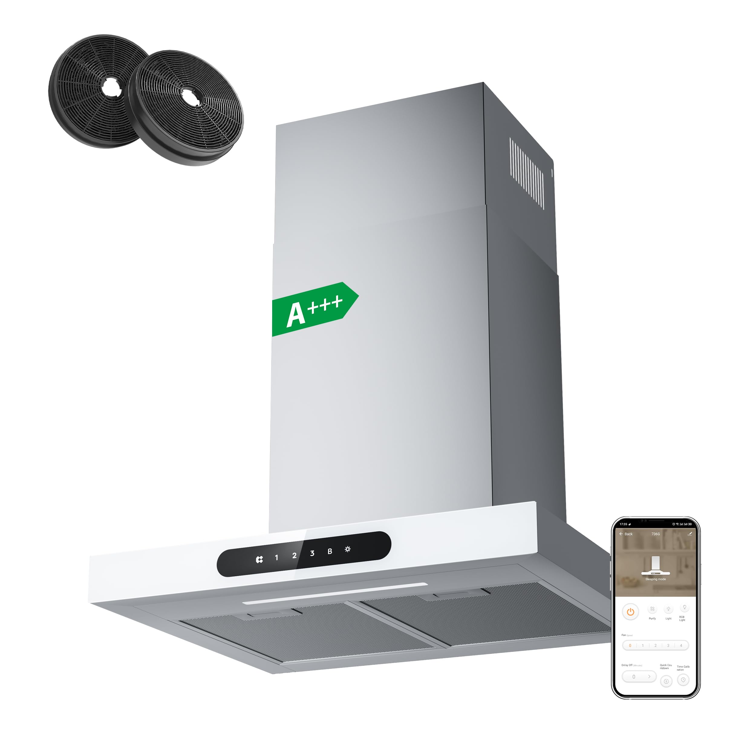 CBCW6102 Cooker Hood 60cm Wi-Fi App Touch Control with CBCF003 Carbon Filters Chimney Vent Hood 600mm with Dimmable LED Lights Ducting&Recirculating Kitchen Extractor Fan-White