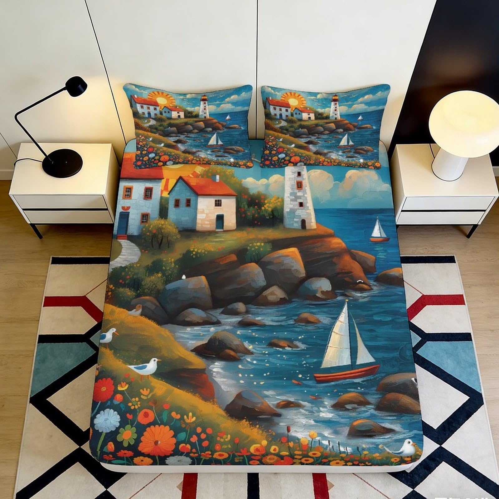 3D Printed Coastal Lighthouse Fitted Sheet Microfiber Scenic Seaside Mattress Cover for Bedroom Dorm Easy Care Decoration 90x200x25cm