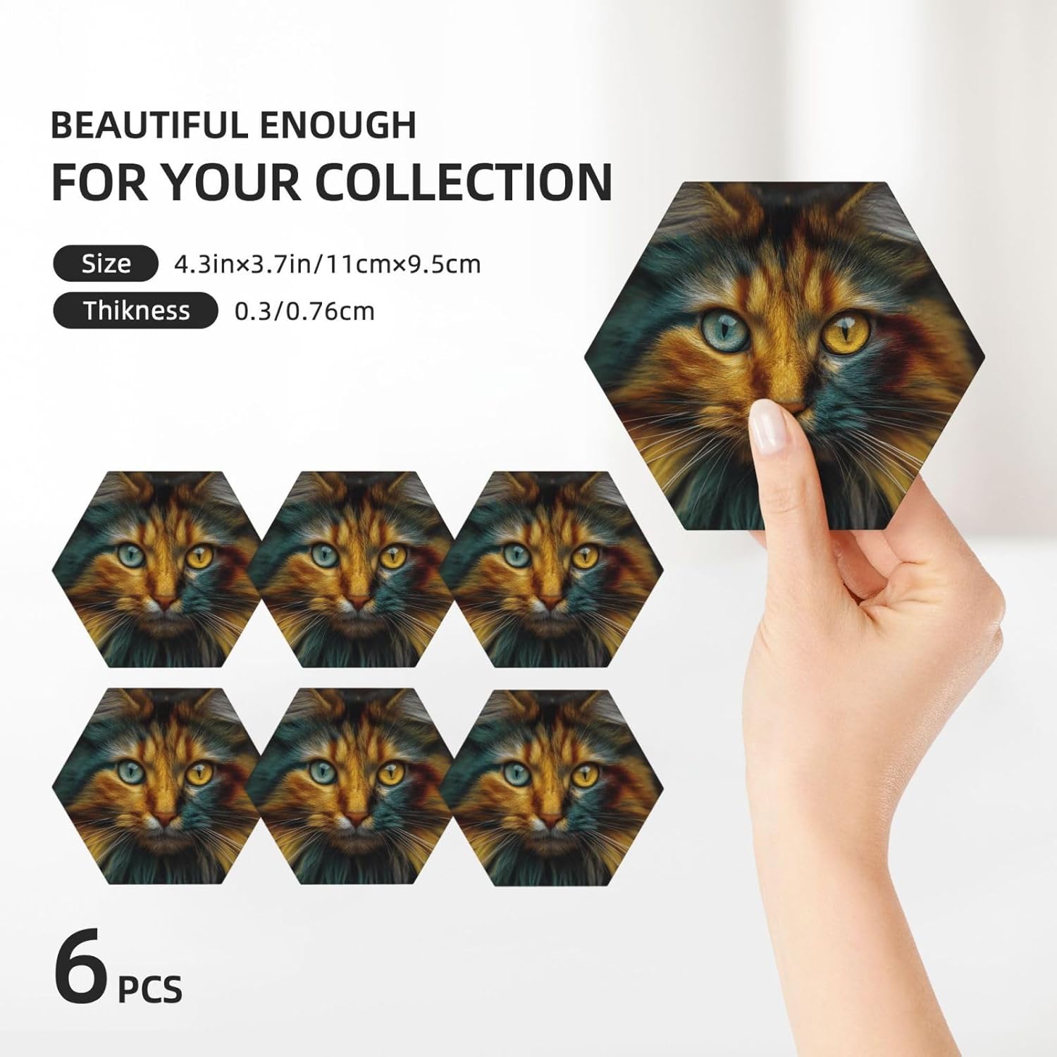 (cat) Ceramic Coasters Set of 6 with Holder Non-Slip Hexagon Coffee Coasters for for Cup Mug Drink Patio Coffee Table Decor, Christmas Coasters Home Bar Supplies