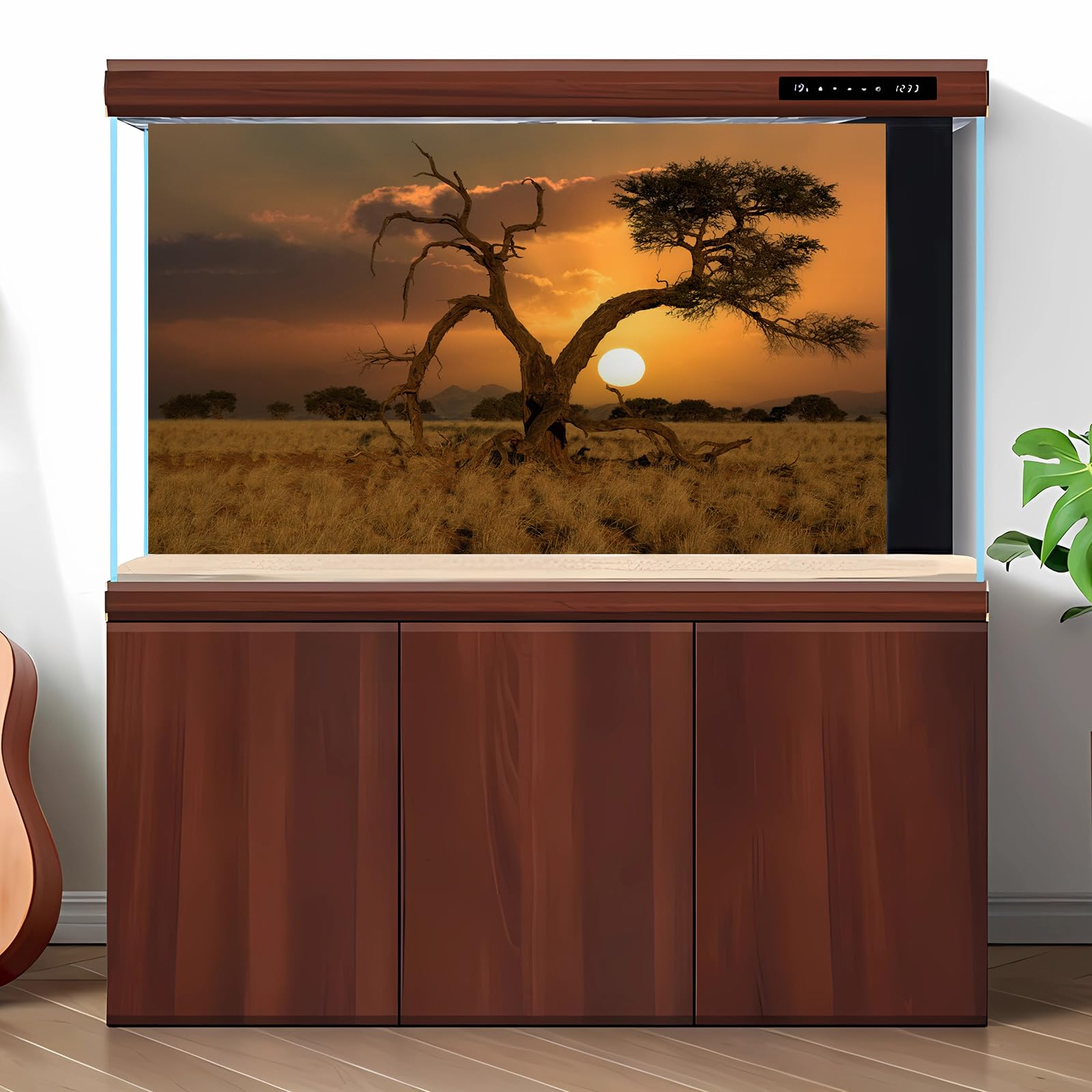 Sunset Desert Reptile Tank Background Beautiful Sunrise Desert Old Tree Terrarium Background Sand Peaks Dunes Sunset Over Desert Reptile Habitat Background Sunset Desert Aquarium Background 24x12in