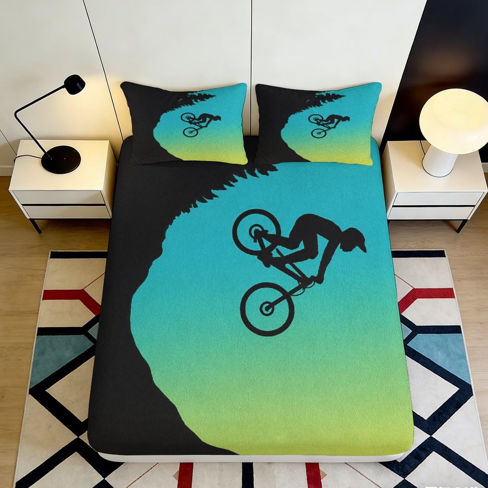 3D Printed Mountain Biking Fitted Sheet Microfiber Anti-Slip Gradient Blue Green Forest Mattress Cover for Bedroom Dorm Decor 160x200x25cm