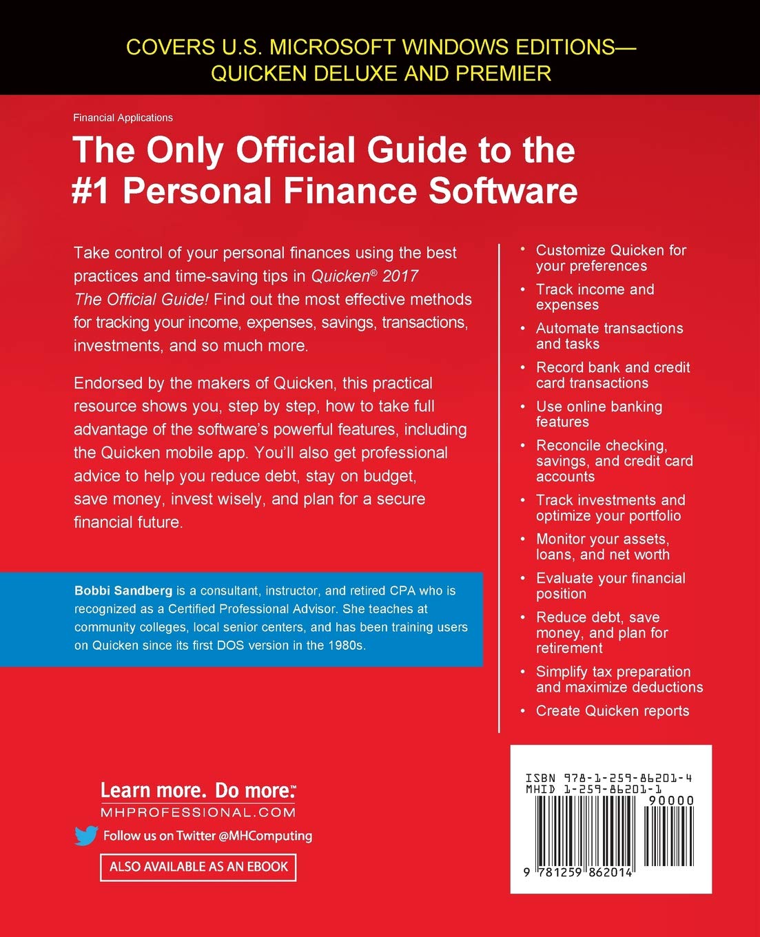 Back cover of Quicken 2017 The Official Guide book with key features listed