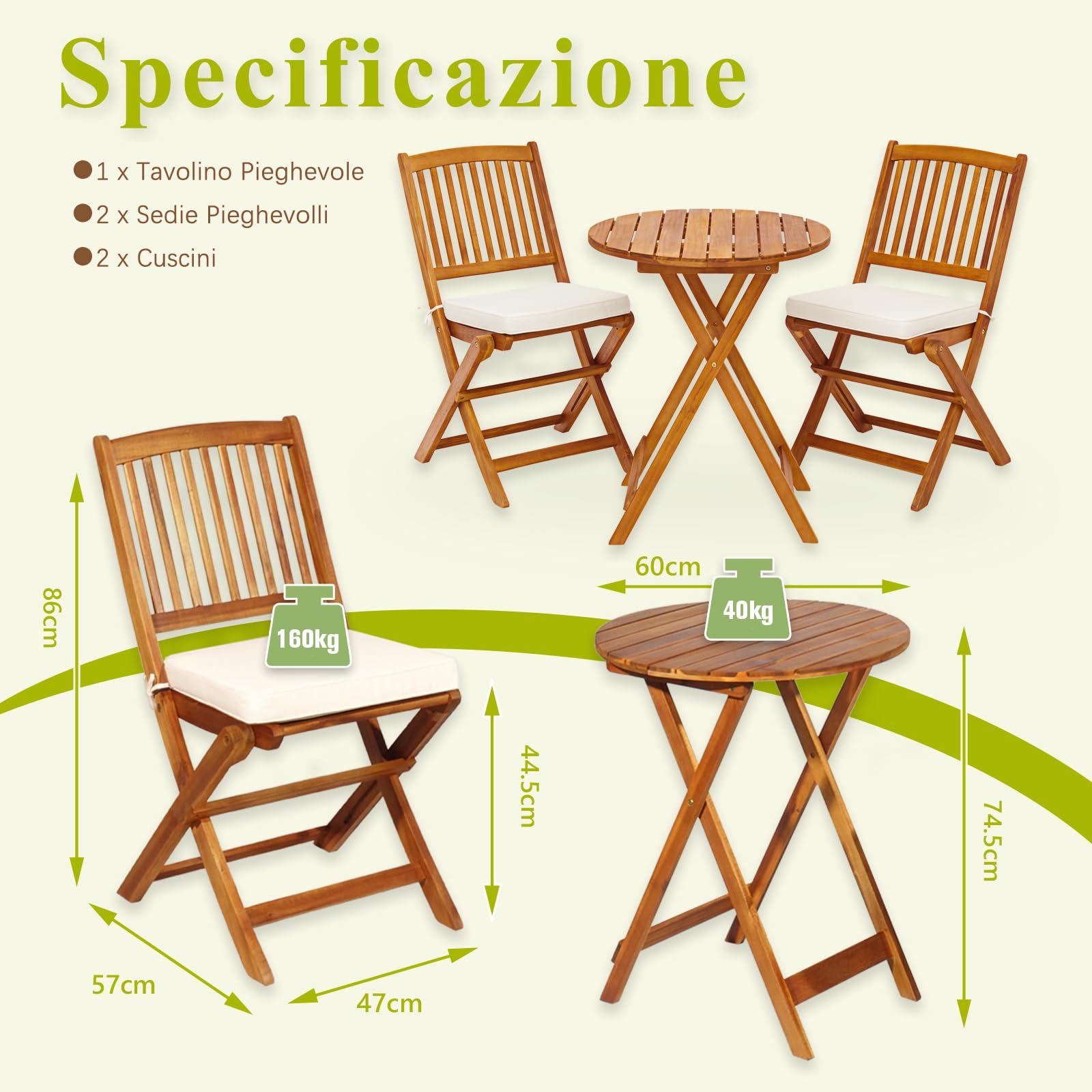 LIFEZEAL Set da Bistrò per Balcone Pieghevole, Set di Mobili da Esterno, 3 Pezzi, Set Tavolo e Sedie da Giardino con Cuscino Imbottito in Legno di Acacia, Tavolo Portato 80kg, Sedie Portate 160kg