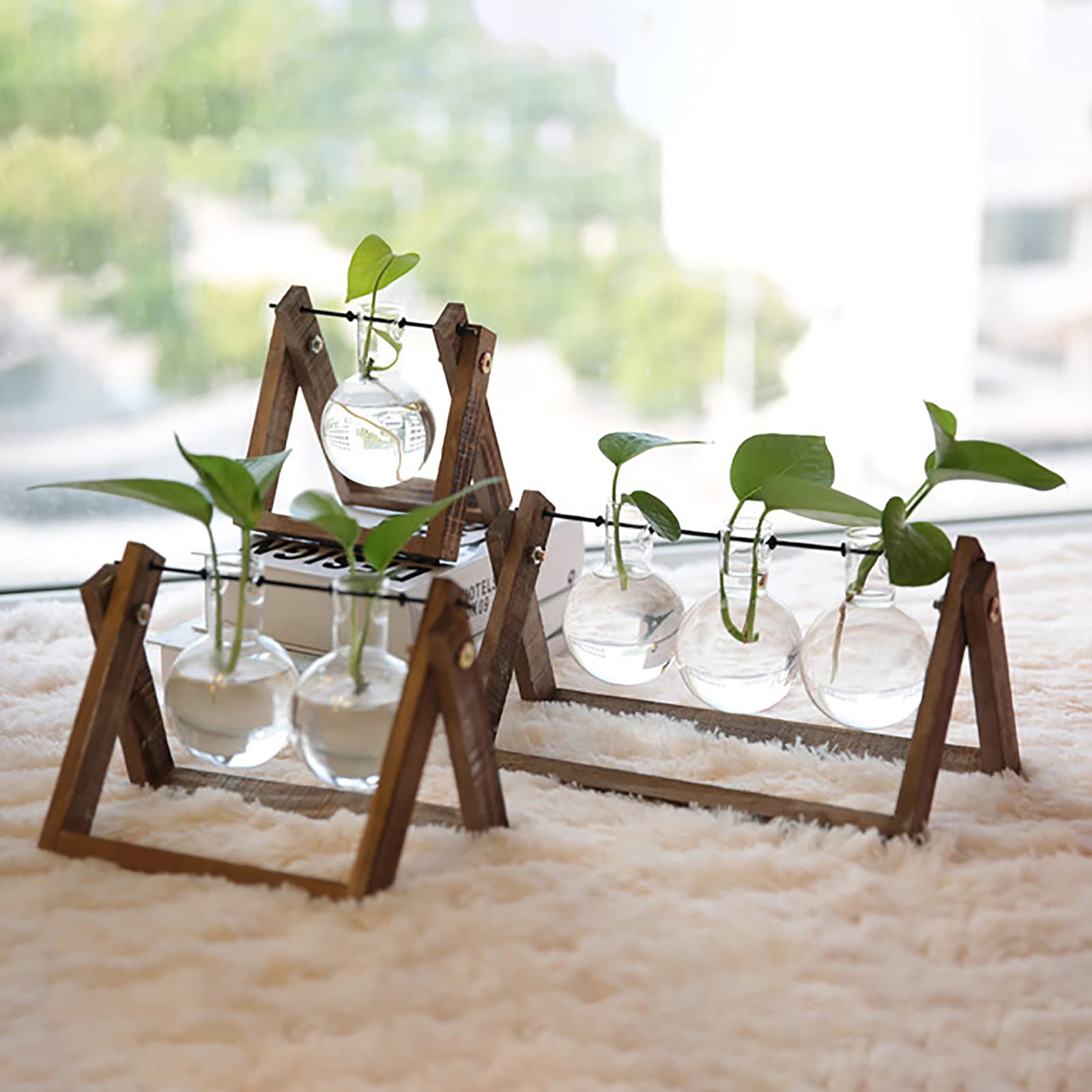 Vaso Da Tavolo In Vetro Con Supporto In Legno Retrò - Portavaso Per Coltivazione Idroponica E Fiori, Decorazione Per Casa, Ufficio E Matrimoni - 4