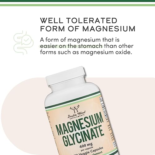 Miniatura 5 de Glicinato de magnesio 400 mg, 90 cápsulas (vegano seguro, probado por terceros, sin gluten, sin OGM), magnesio de alta absorción por Double Wood