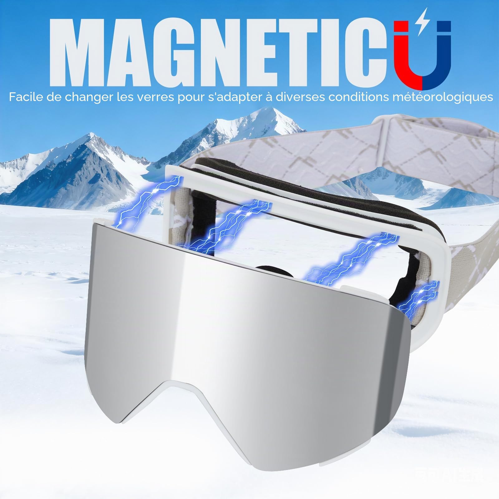 Masque de Ski YH693C avec Magnétique Lentille Interchangeable | Lunettes de Ski OTG pour Unisexes Ajustables Anti-UV Coupe-Vent Anti Buée Lunettes de Snowboard pour Ski