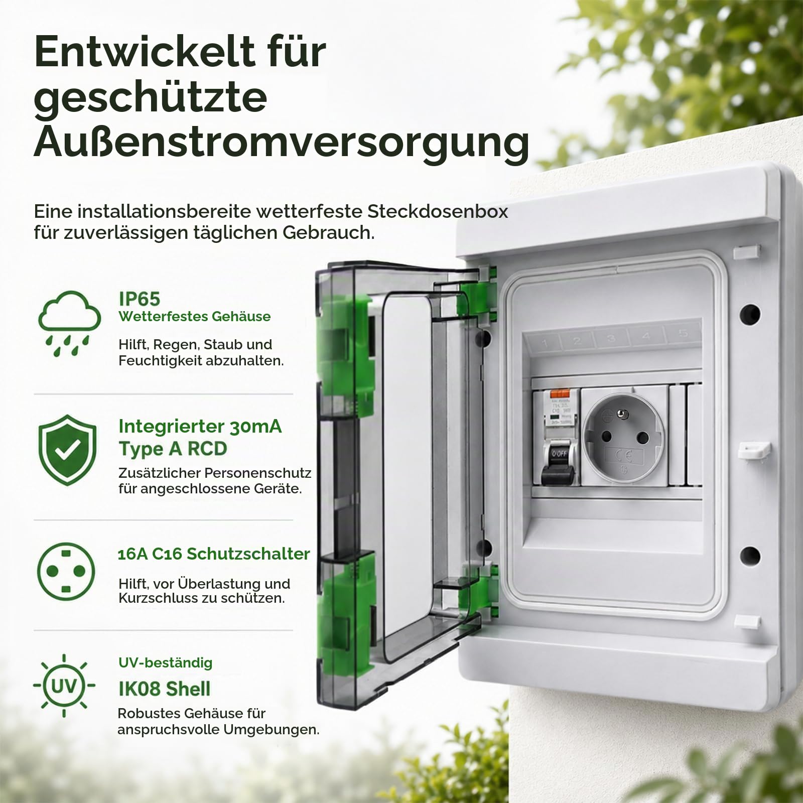 Schuko Steckdose mit Fi Schutzschalter im Sicherungskasten Aufputz IP65, Wasserfester Wandverteiler Komplett mit 16 Ampere Steckdose 230V und FI 16A Typ A 30mA für den Innen- und Außenbereich
