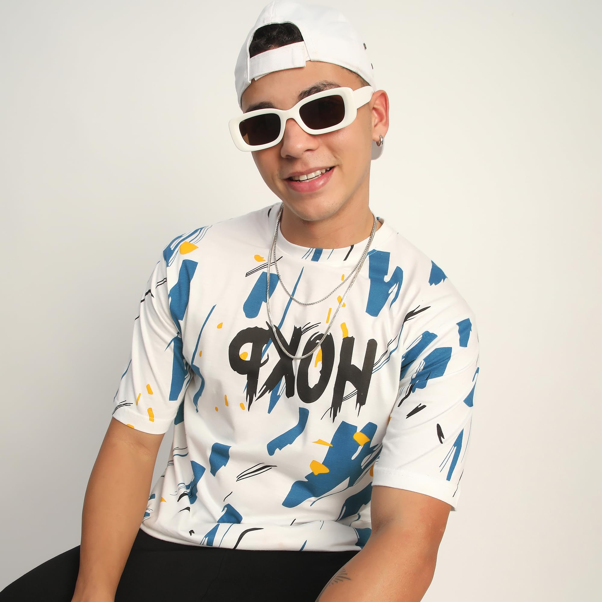 THALASI® T-shirt girocollo oversize in puro cotone con stampa su tutta la superficie, bianca, blu e con spalle cadenti, maglietta con maniche lunghe in stile bohémien, per uomini e ragazzi