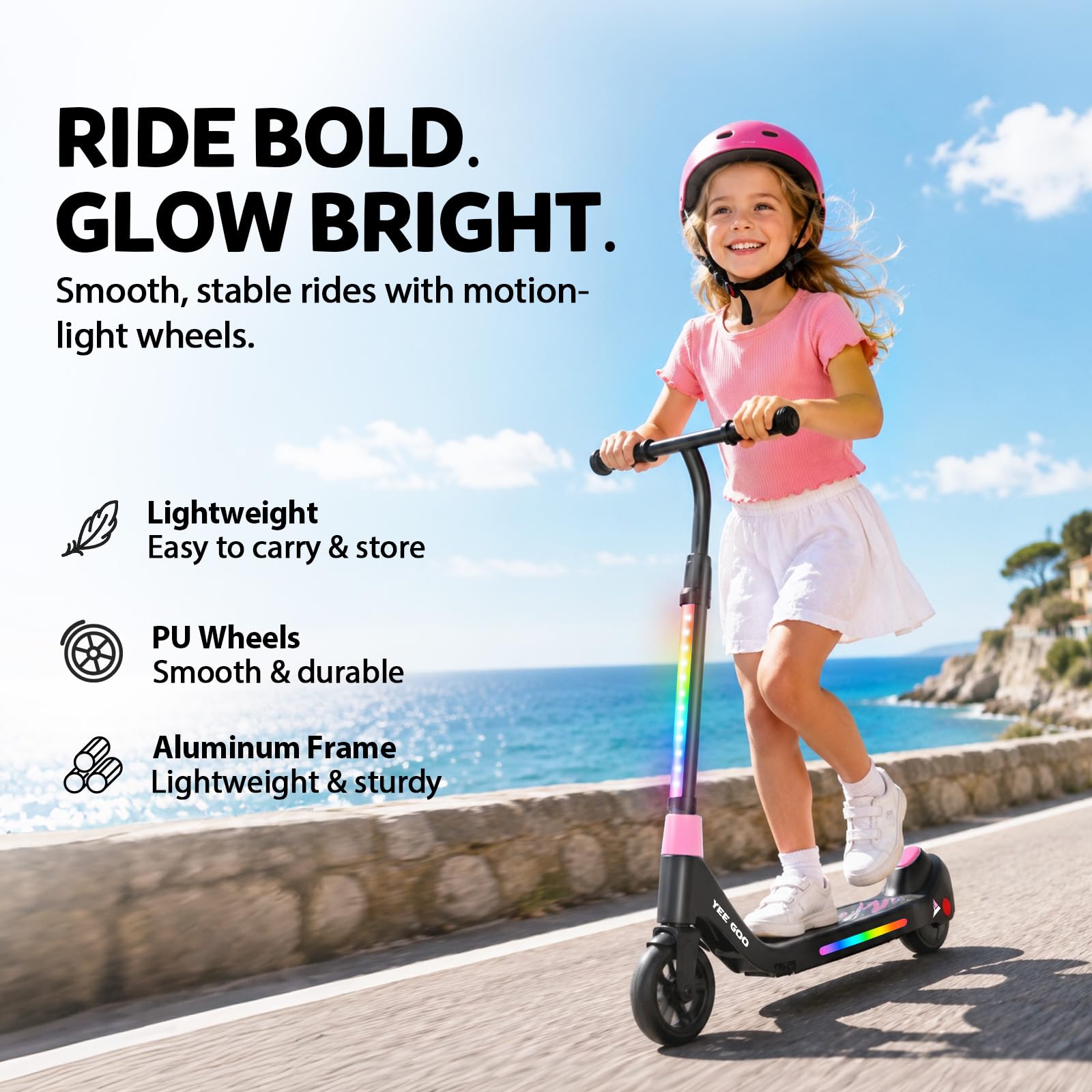Trottinette Electrique Enfant - pour Enfants 5-12 | Max 8 km/h - Réglable en Hauteur | Commande à pédale | Lumières LED Colorées | Frein à Pied | Légère.