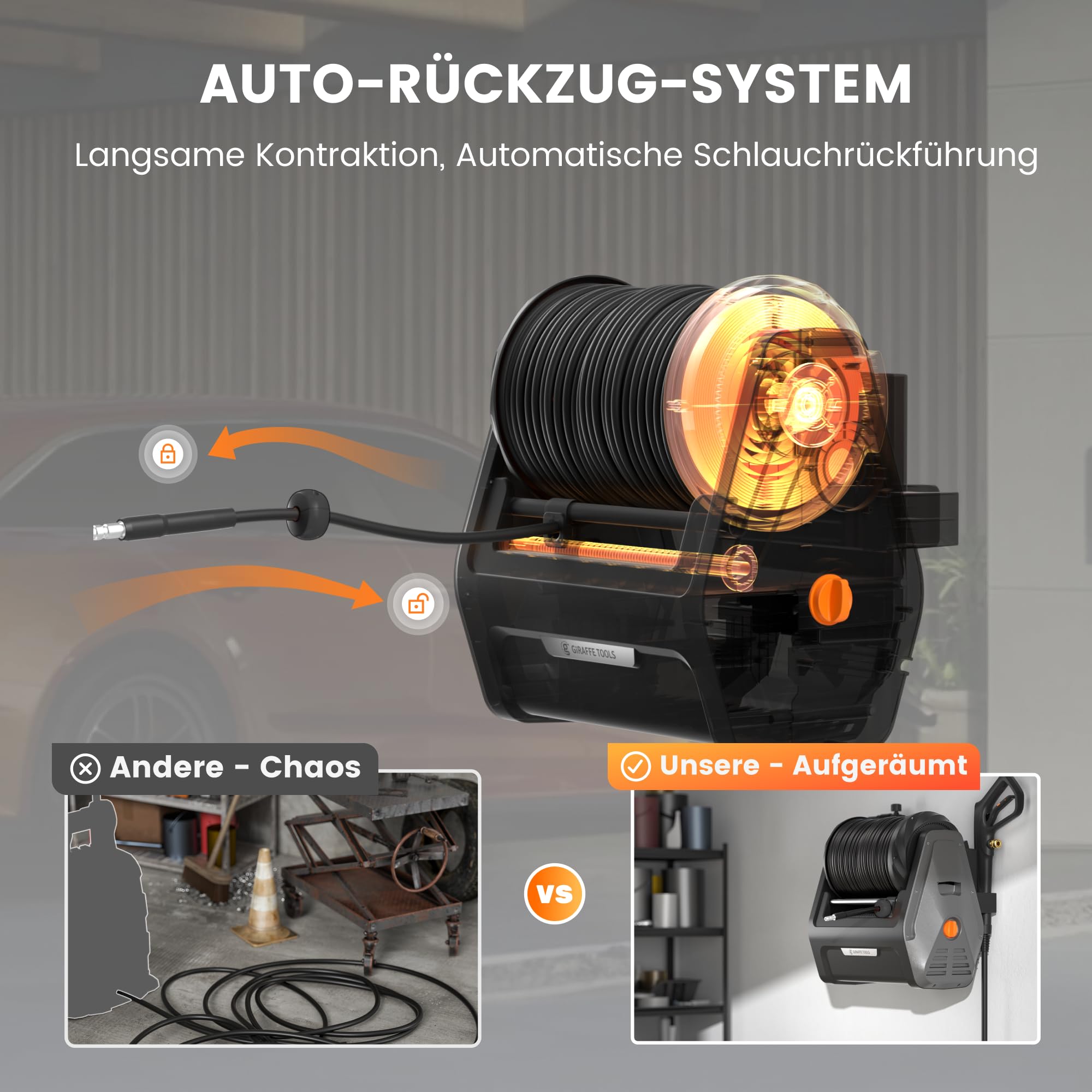Giraffe Tools Wandmontierter Hochdruckreiniger, 1800 Watt, Max 2400 PSI, 2.0 GPM Elektrischer Wasserdruckreiniger, mit 30M Einziehbarem Schlauch, für Autos/Zäune/Garten, Schwarzer Harter Schlauch