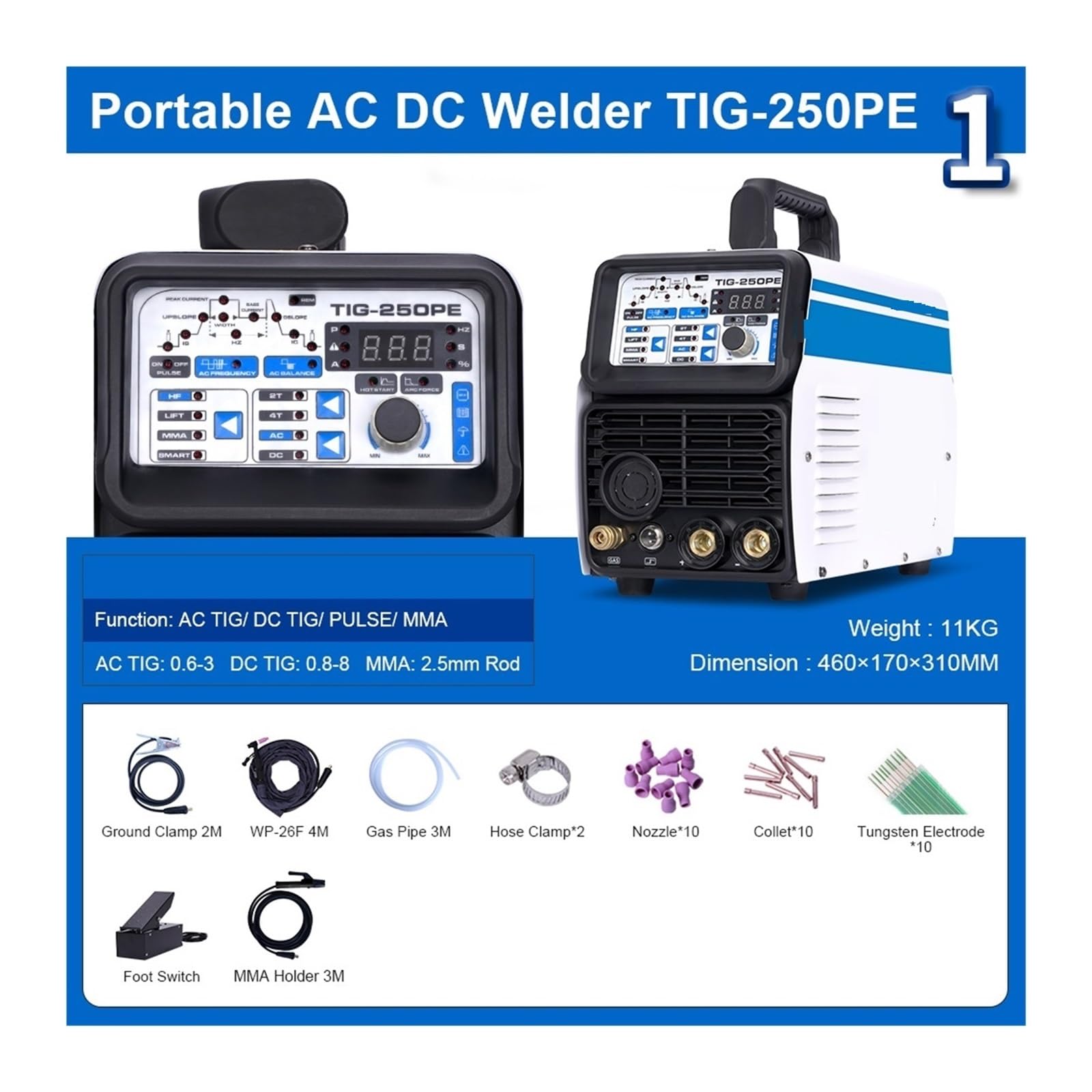 Máquina de soldadura AC DC TIG HF, soldadura de aleación de aluminio multifunción TIG/Pulse, soldadura de argón inteligente - Kit de soldadura(PE SUIT0)