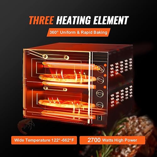 Miniatura 3 de VEVOR Horno de pizza comercial, doble capa de cubierta de 16 pulgadas, horno eléctrico de pizza de acero inoxidable con piedra y asa, multiuso para