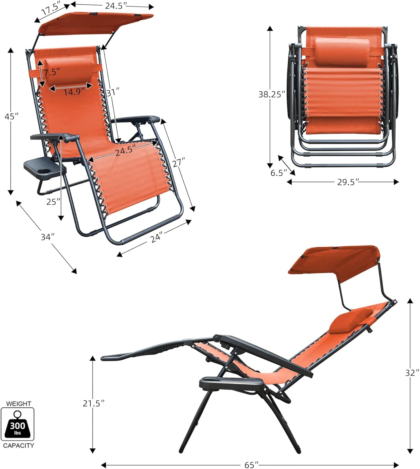 Jeco Oversized Zero Gravity Chair with Sunshade and Drink Tray, Orange