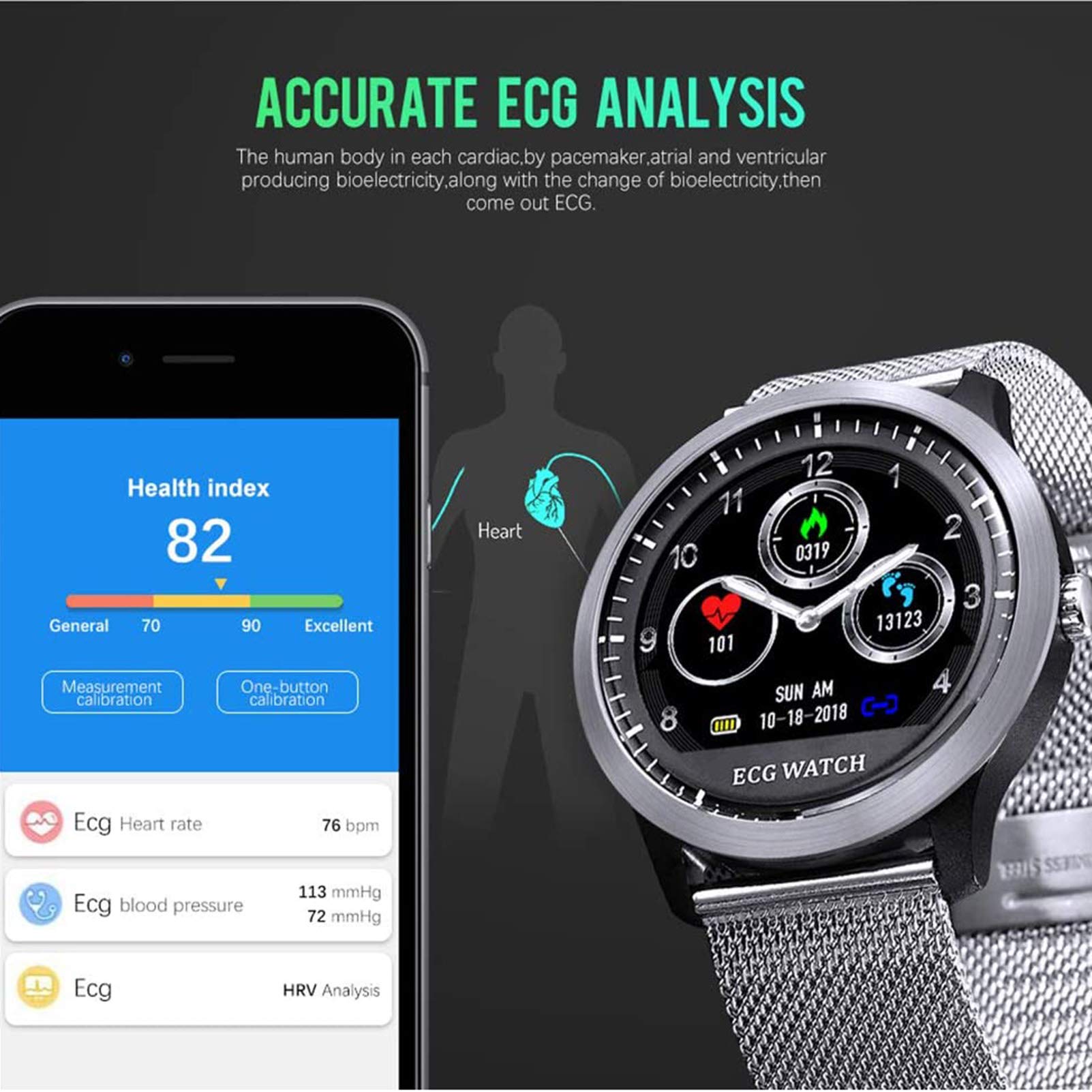 Reloj inteligente Bluetooth Monitor de frecuencia cardíaca, ECG PPG, monitor de fitness, monitor de presión arterial y oxígeno, IP68 impermeable, rastreador de actividad para monitoreo de salud