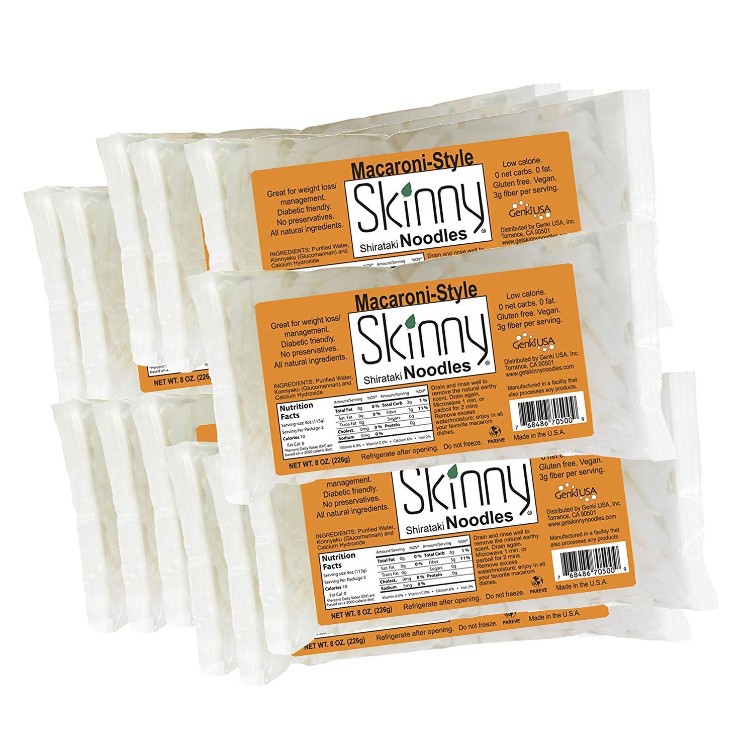 Skinny Shirataki Noodles, Pasta, Keto, Low Carb, Low Calorie, Healthy, Konjac, Konnyaku, Gluten-Free, Plant Based, Made in USA (Macaroni, 8 Ounce, Pack of 12)