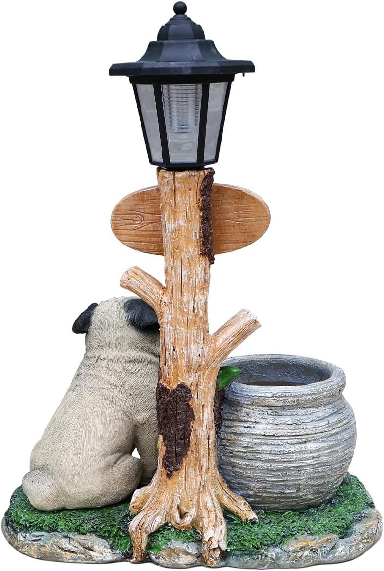 Solar Outdoor Floor Lamp with Animal Figurine Base and Built in Planter, Resin Garden Lighted Decor with Welcome Sign for Patio Porch Yard Lawn Walkway Courtyard Entryway Accent Lighting (N)