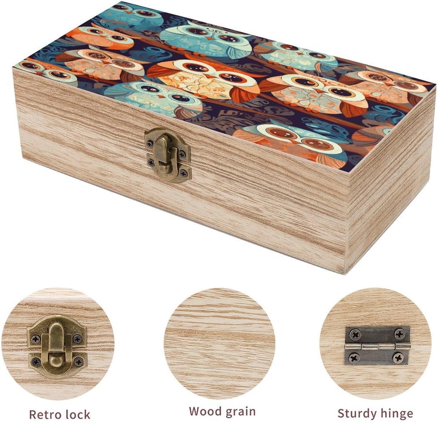 Anime Owl Wooden Keepsake Box with Hinged Lid Solid Wood Gift Boxes Beautifully Keepsake Box Jewellery Organiser Retro Memory Treasure Case with Lids Decorative Boxes image 3