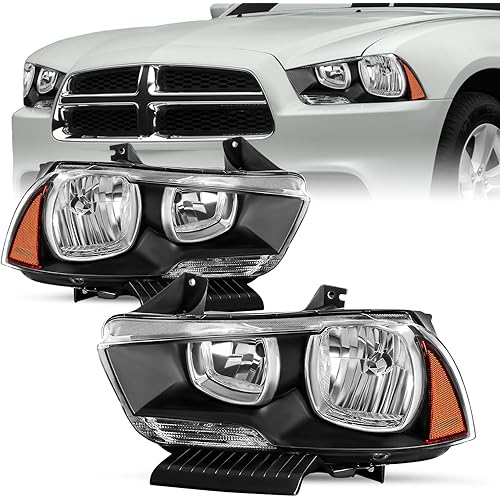 Halogen Type Headlight Assembly Set Compatible with 2011 2012 2013 2014 Dodge Charger Replacement Headlamp Passenger and Driver Side Black Housing with Amber Reflector