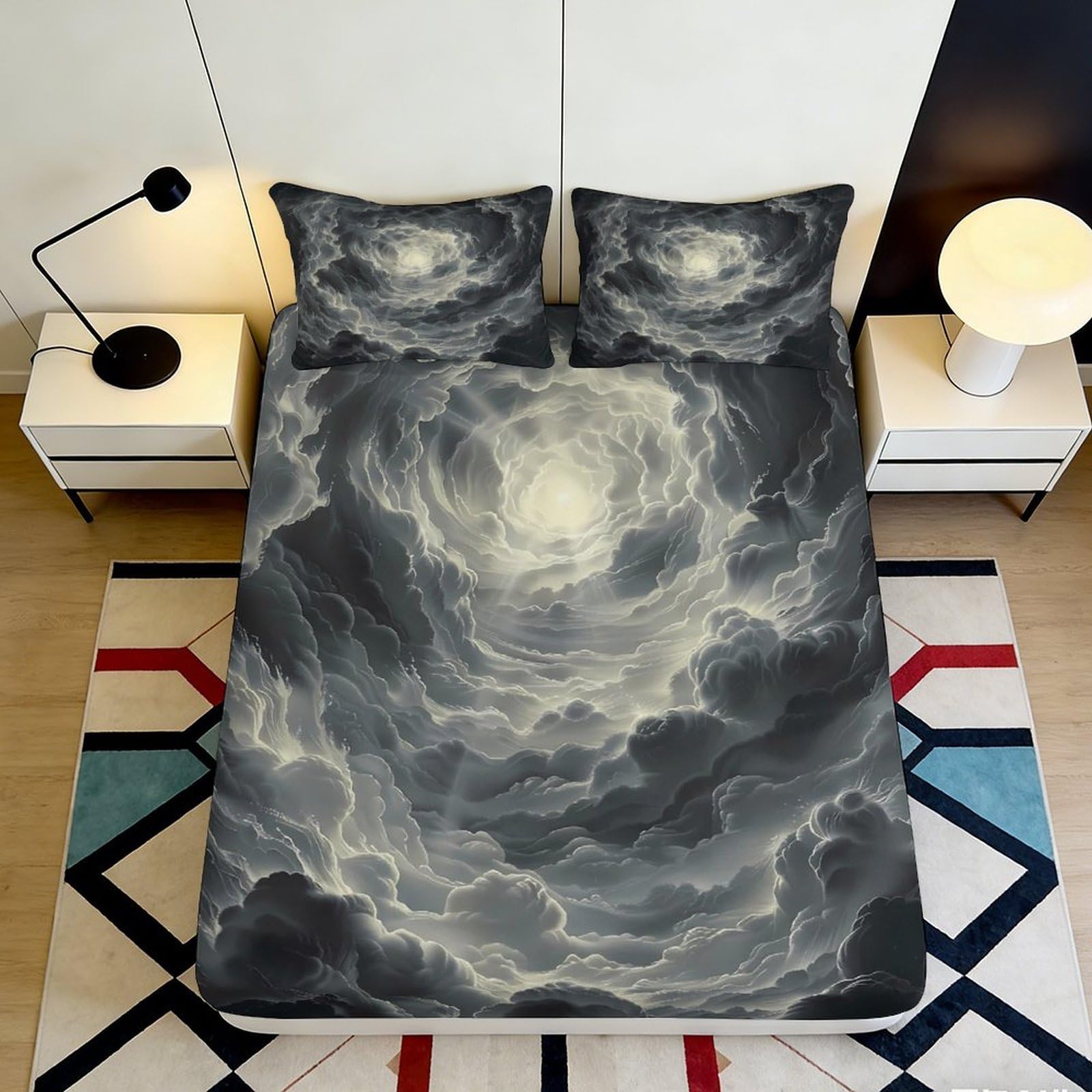 3D Printed Stormy Sky Fitted Sheet Microfiber Non-slip Cloud Spiral Mattress Cover for Bedroom Guest Room Decor 140x200x25cm