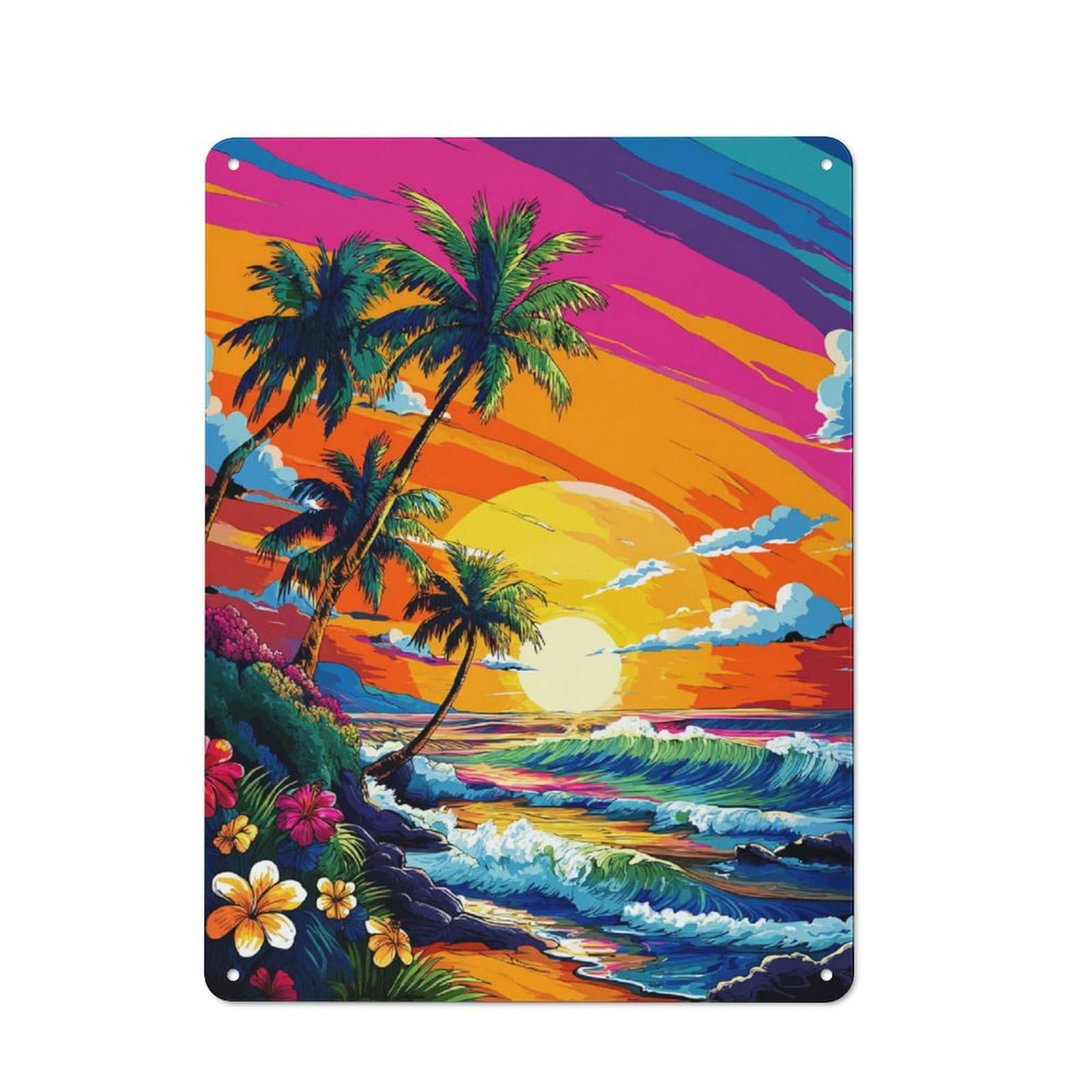 Simple Retro Vibrant Tropical Sunset Scene Metal Wall Plaque 40x30cm, Creative Space Decor for Office, Study, Studio Or Hallway
