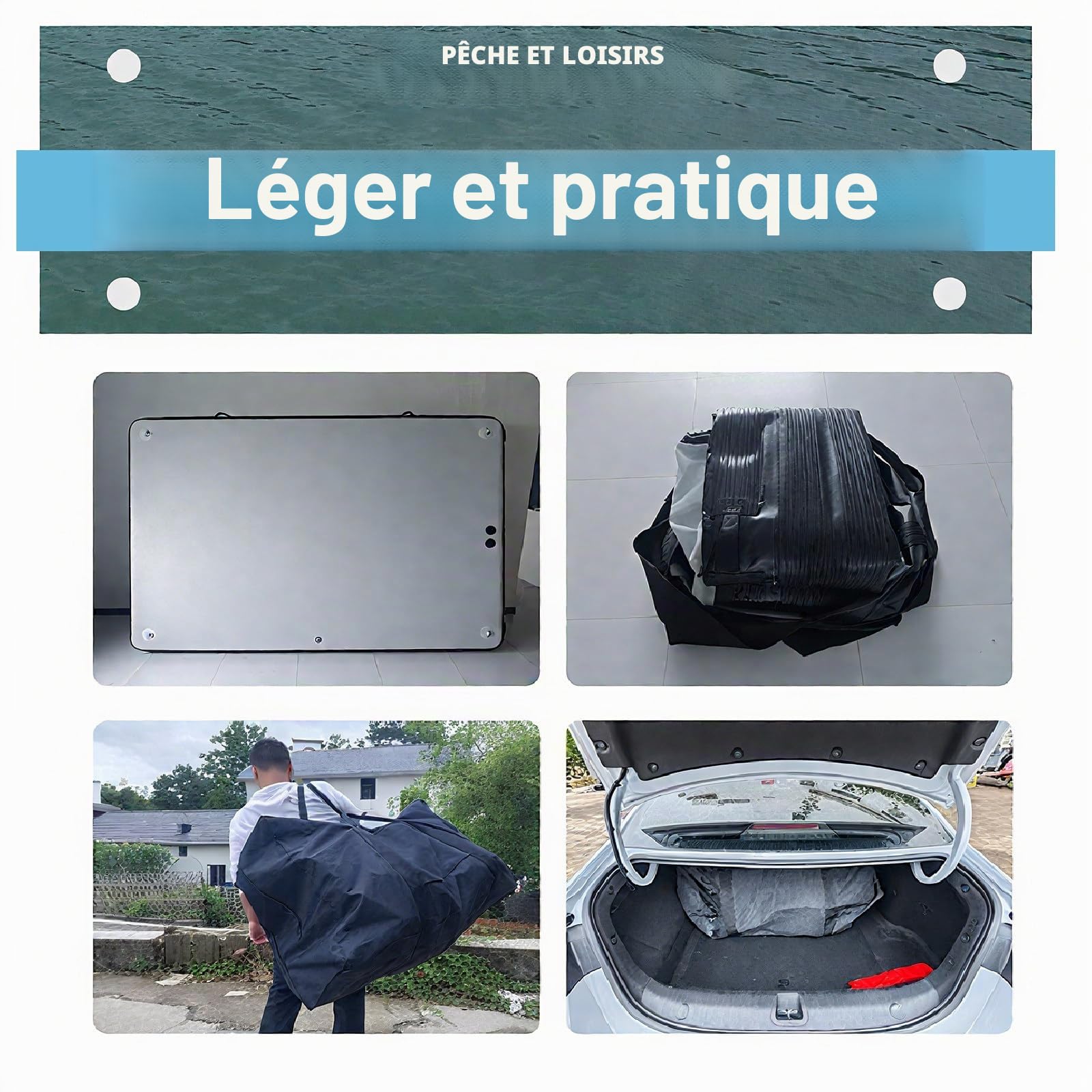 Plateforme de quai flottante gonflable avec pontons inférieurs, station d'accueil pneumatique robuste pour le bateau, la pêche et la piscine – Comprend des pagaies et une pompe, 2 m, 2,4 m