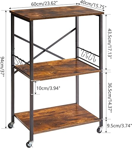 Miniatura 3 de IBUYKE Carrito de estante de cocina, soporte para horno de microondas de 3 niveles, estante para panadería con marco de metal y 8 ganchos, soporte