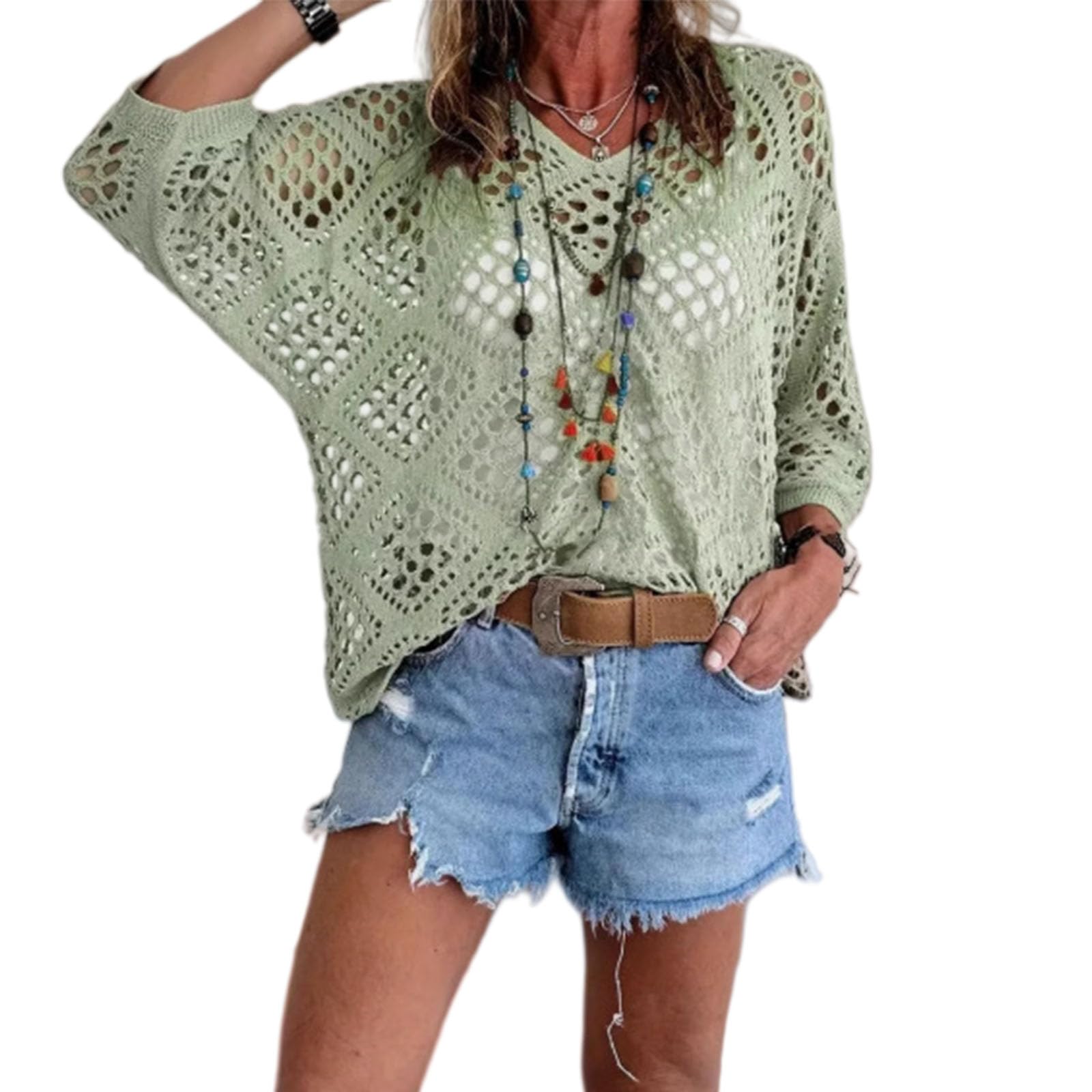 OLYGEE Women's V Neck Crochet Top 3/4 Sleeve Bohemian Hollow Out Beach Cover Up (Green,l)