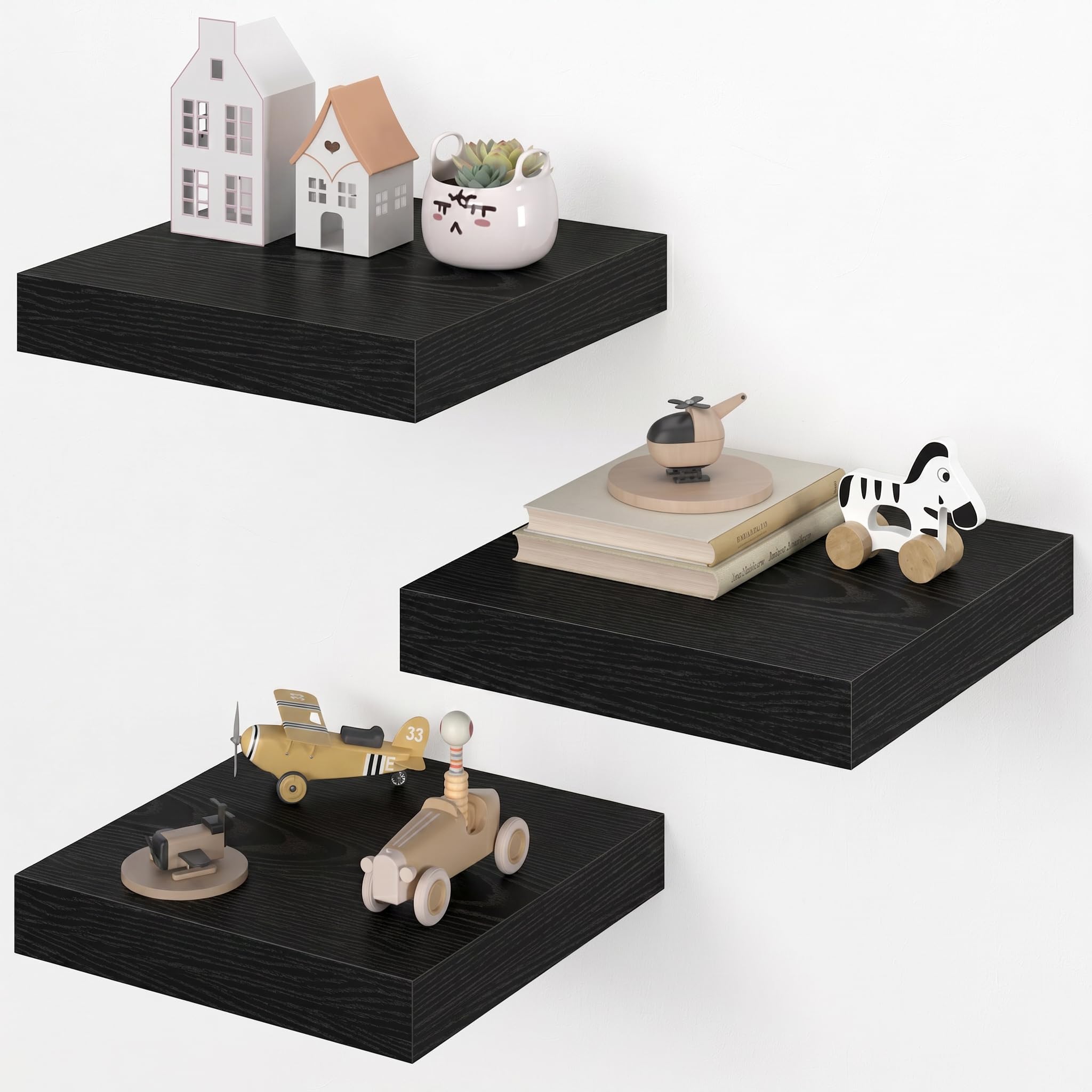 Dreamland 12x12 Floating Shelves for Wall, 12" Deep Thicker Black Floating Shelves, Wall-Mounted Shelves for Bedroom, Living Room, Kitchen, Bathroom - Set of 3