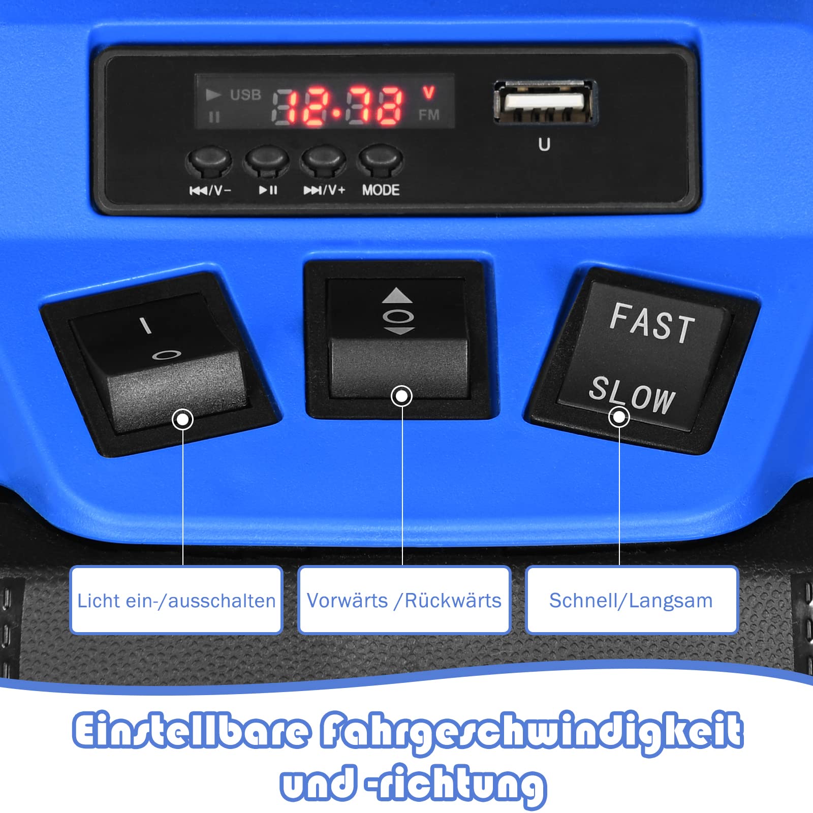 GOPLUS 12V Kinder Elektroquad, Batteriebetriebenes Auto mit LED-Scheinwerfern, Musik, Hupe, USB, Bluetooth, Radio, Langsamer Start, Hohe/Niedrige Geschwindigkeit, Quad Motorrad (Blau)