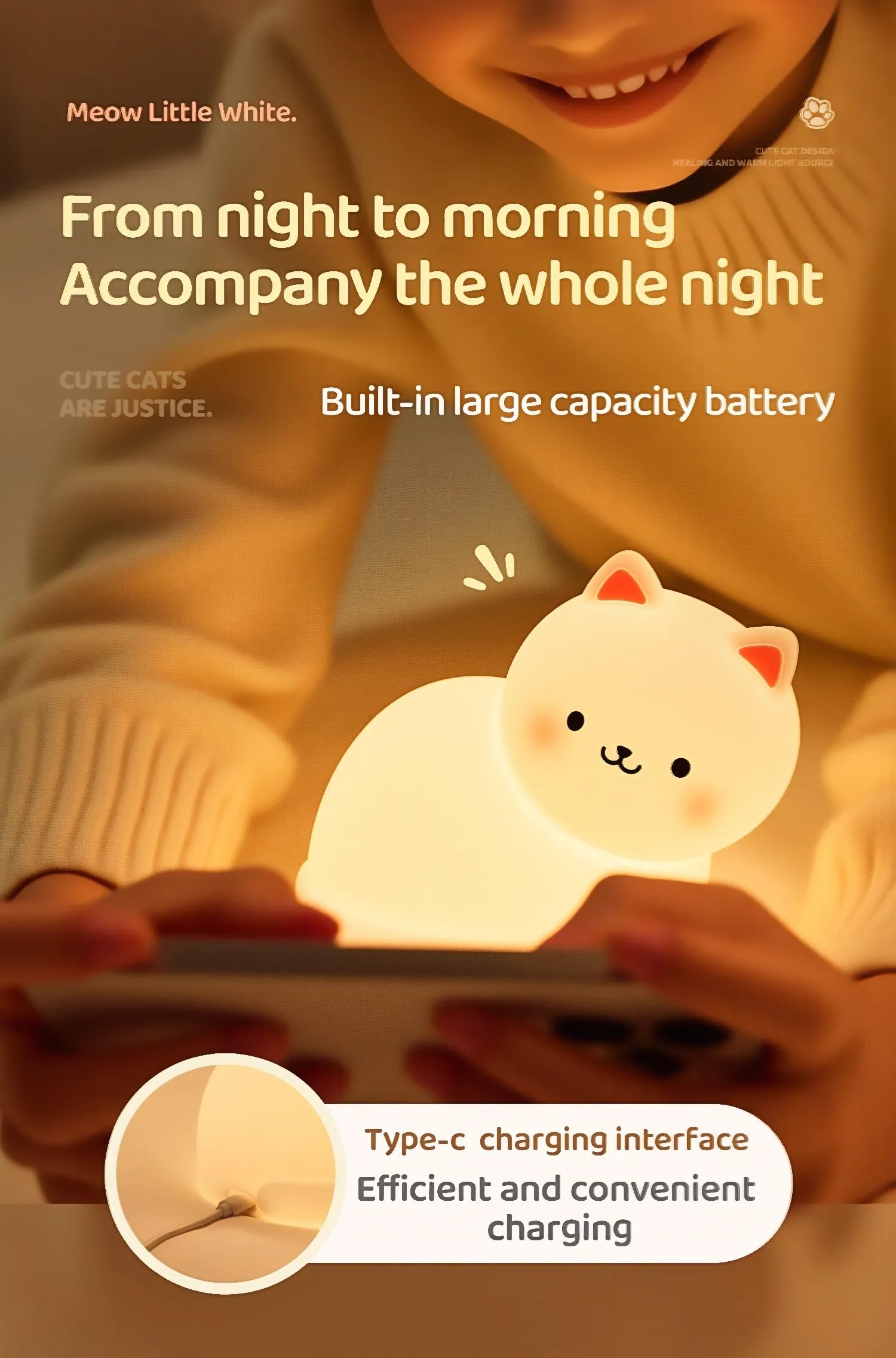 Luz nocturna de gato para niños, bonita lámpara de noche de gato, recargable, regulable, luz nocturna LED de silicona con 7 colores, lámpara de temporización, regalo kawaii, cumpleaños