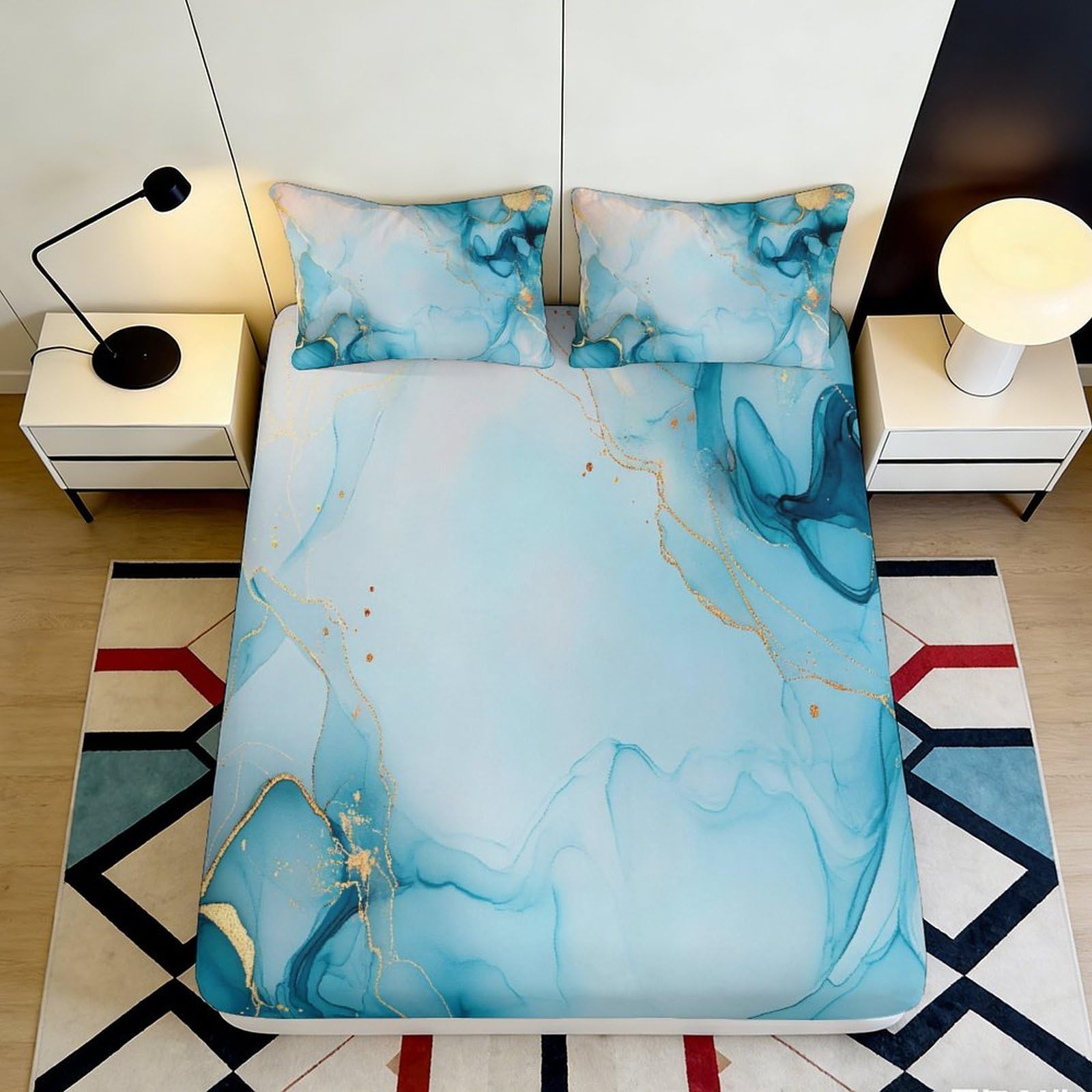 3D Printed Blue Marble Fitted Sheet Microfiber Soft Abstract Gold Vein Mattress Cover for Bedroom Guest Room 180x200x25cm