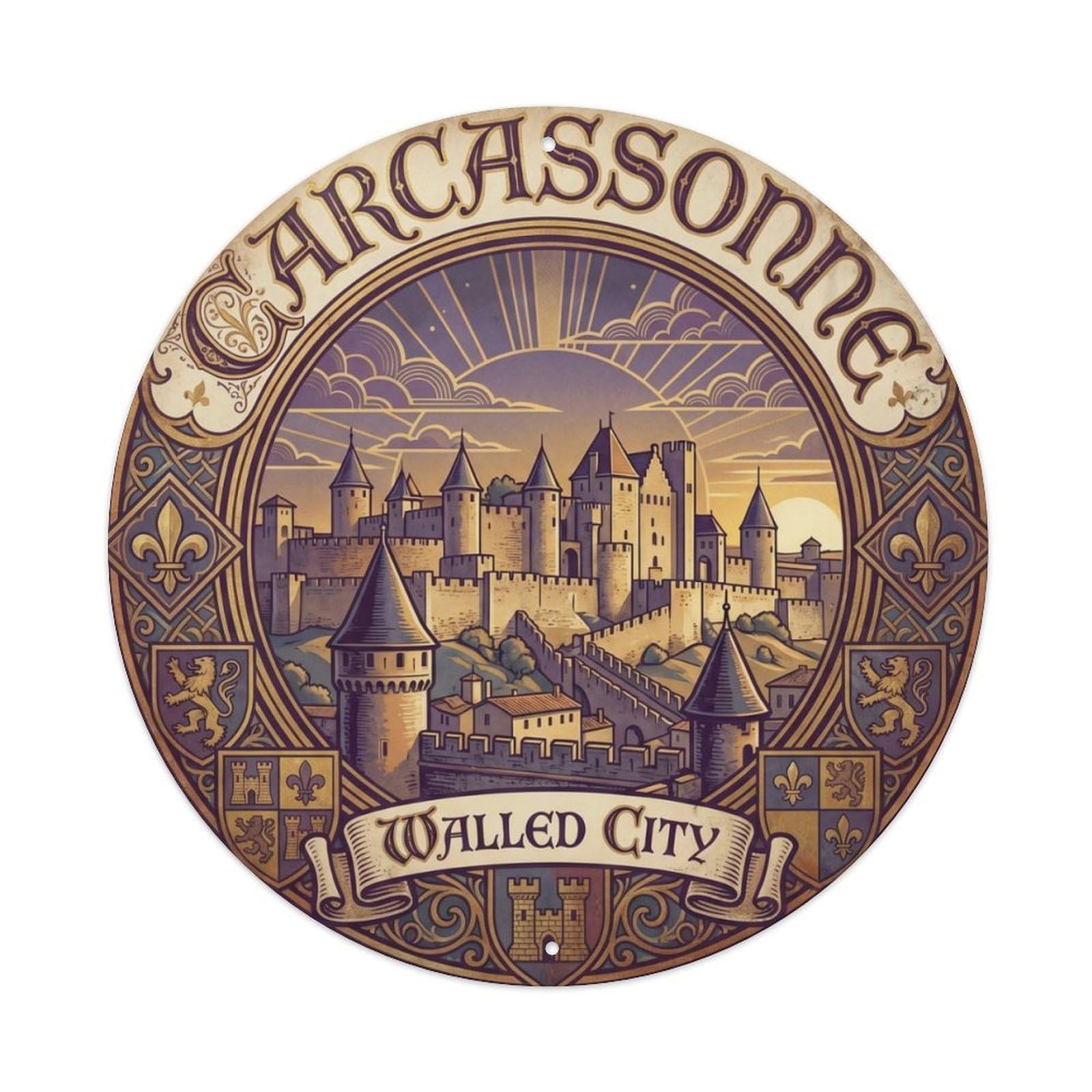 Vintage Travel Carcassonne France Fortress Metal Tin Sign Plaque Wall Decor for Cafe, Club Bar, Office, Home Garden Round Metal Poster 8x8Inch