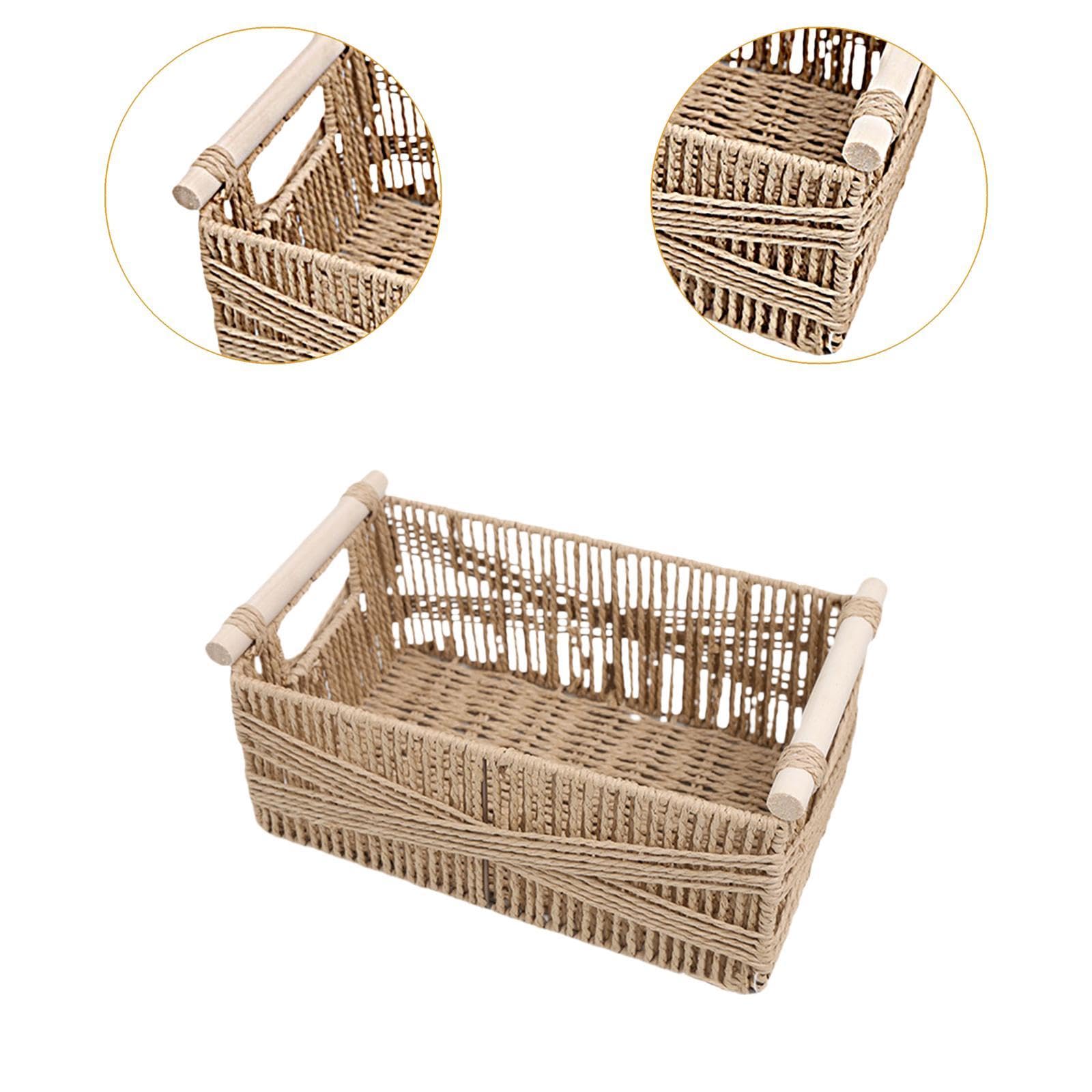 Bothyi Cabinet Organizer Bin Toilet Paper Basket Countertop with Wooden Handle Storage Basket Paper Rope Basket for Cosmetics Fruits, S