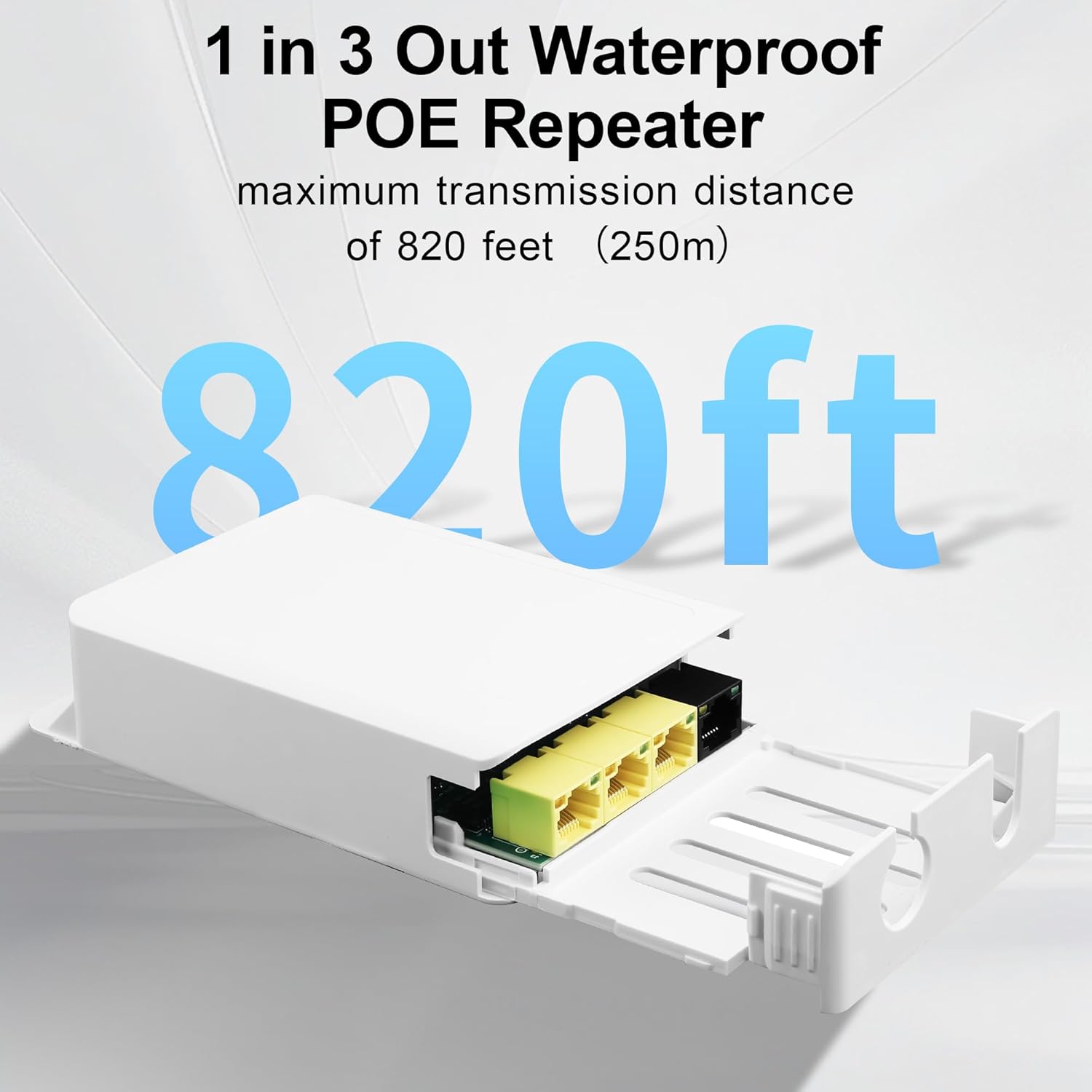 Outdoor PoE Gigabit Extender,1 in 3 Out Waterproof POE Repeater,802.3af/at,Extends Up to 250m（820ft） Ideal for IP Cameras & Outdoor Networks,Wall Mount Plug & Play