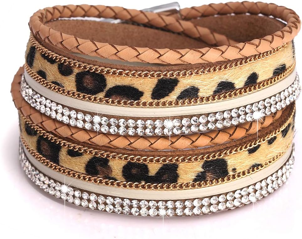 Multi Strand Bracelets for Women Wide Leopard Horsehair Cuff Bangle Bracelets for (A Light Brown)