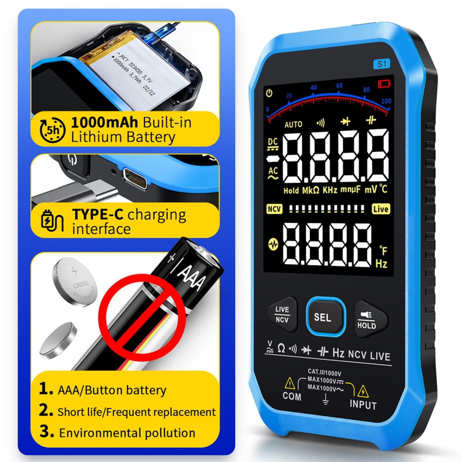 Digitalmultimeter Auto Range NCV 1000V Für Usb-c UTTASU