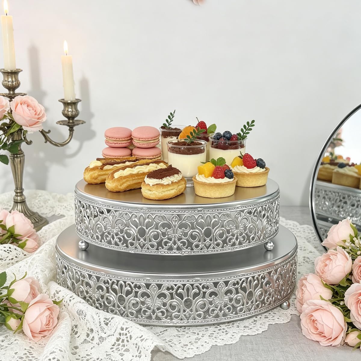 Round Cake Stand Set of 2 Metal Cupcake Stands Dessert Display Plate for Wedding Party Birthday,Matte Silver