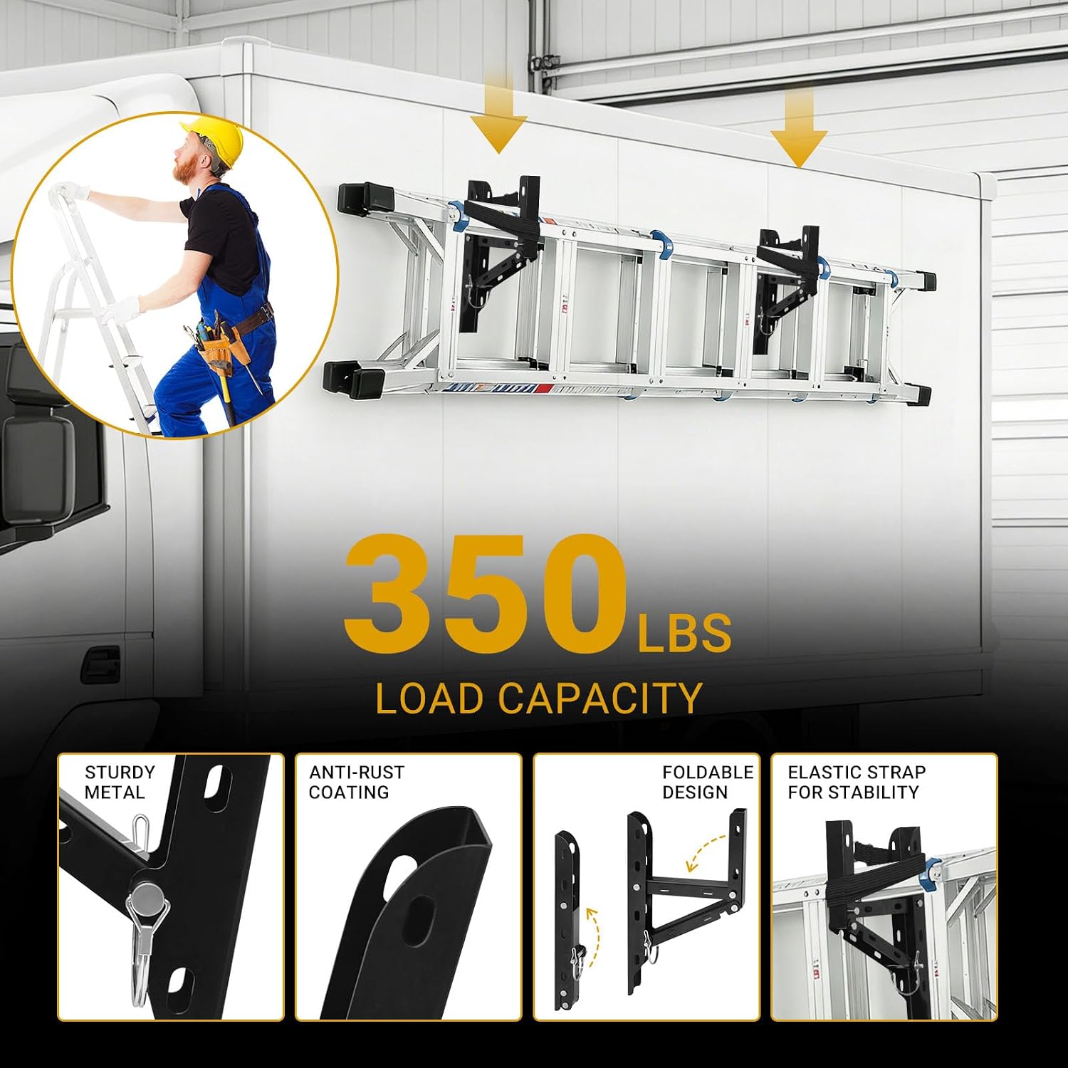 Foldable Trailer Ladder Rack, 2-PCS Heavy Duty Steel Side Mount Ladder Carrier for Enclosed and Open Trailers, 300LBS Capacity Space-Saving Storage Rack for Vans, Trucks and Garage Walls