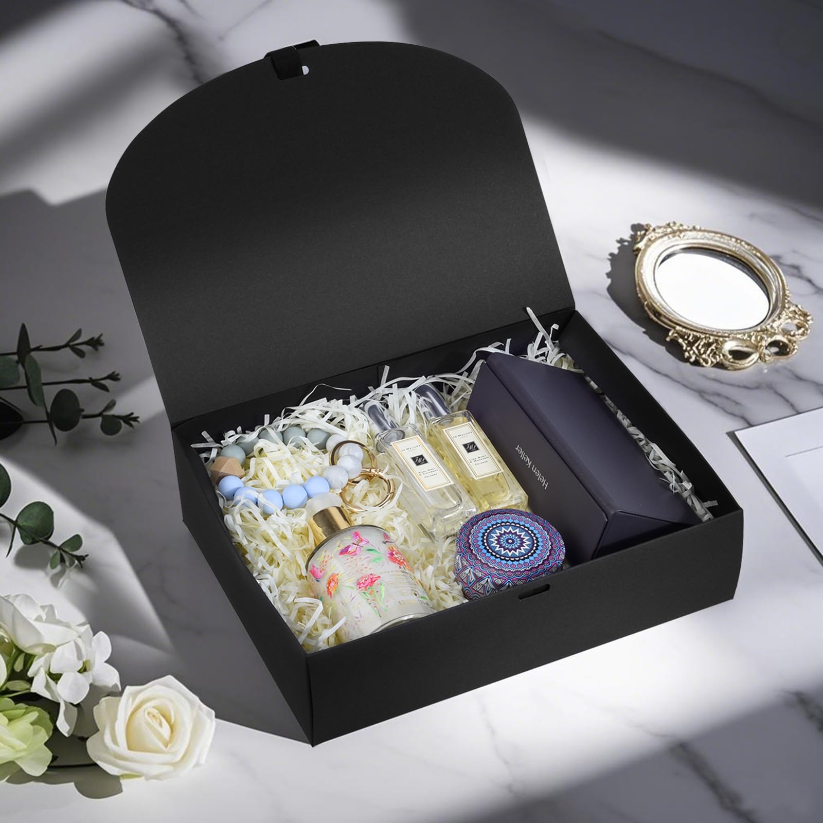 Confezione da 24 scatole regalo con coperchio, 26 x 20 x 8 cm, scatole regalo di lusso nere con nastro, per matrimoni, imballaggi, regali, compleanni (nero)