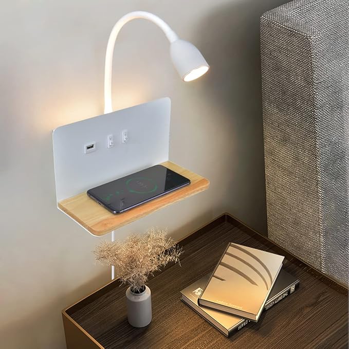 Bedside LED Wall Sconce Plug-in or Hardwire with 10W Wireless Charger, USB Charging Port, 3 Color Modes LED Wall Mounted Reading Light with Flexible Gooseneck, 3000K Warm Ambient lighting Wall Lights