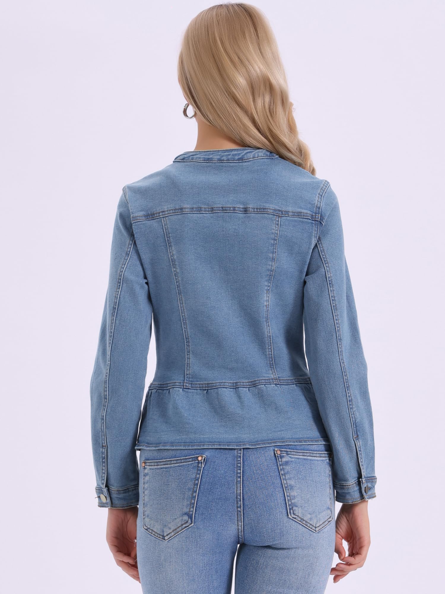 Allegra K Veste en Jean Femme Col Rond Ourlet Péplum Blouson Boutonnée Décontracté